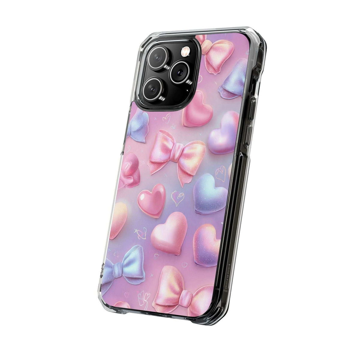 Phone case with pastel hearts and bows, clear bumper, camera lens cutouts