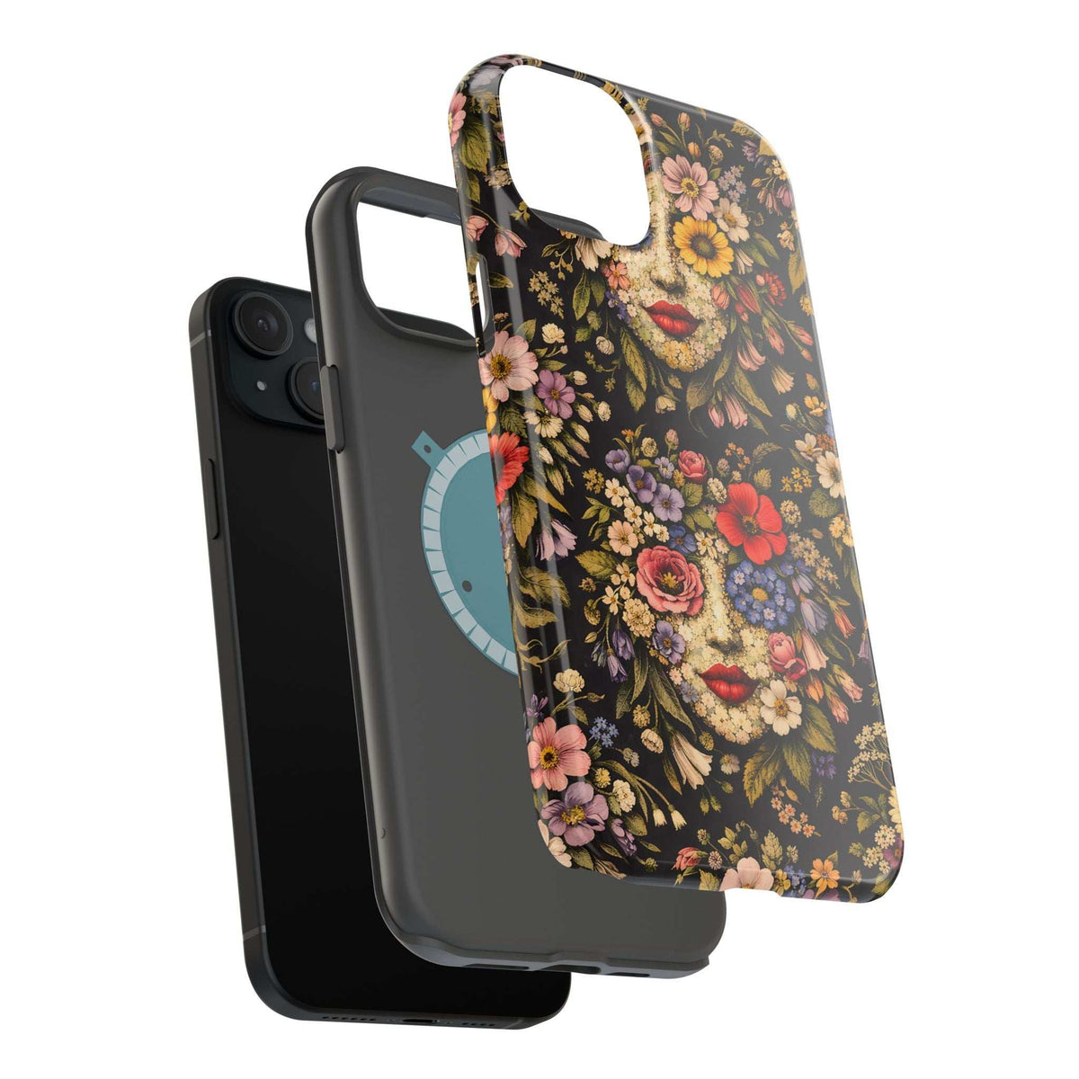 iPhone phone case with vintage floral face artwork, slim protective cover design