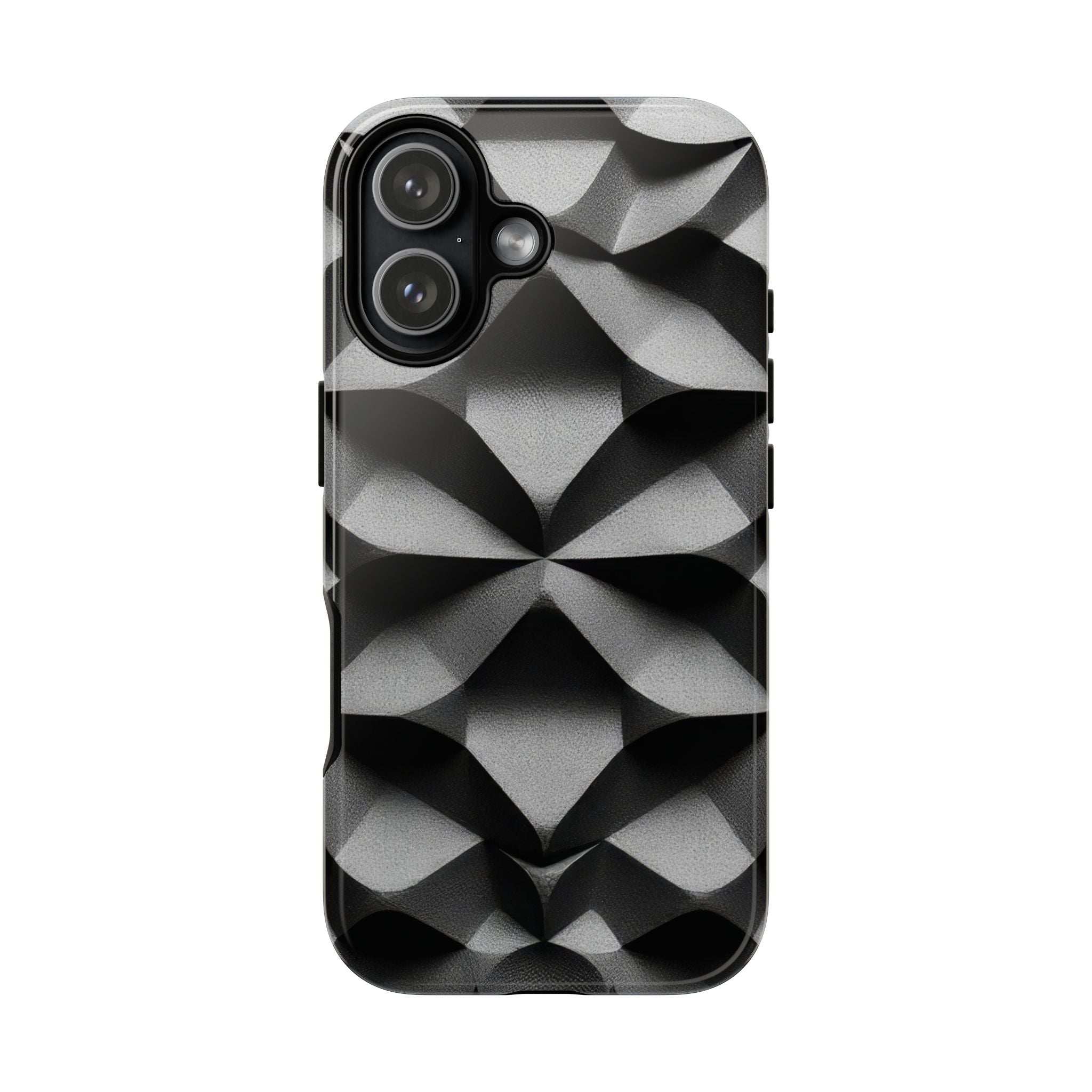 Rugged phone case with black-and-gray geometric pattern; raised camera bezel and side openings