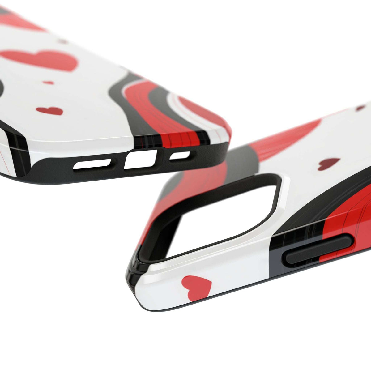 Glossy phone case with red and white heart swirl pattern and camera cutout