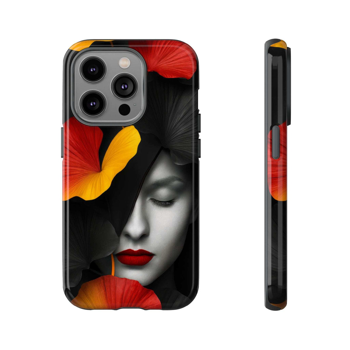 Glossy smartphone case with illustrated woman face, red lips, yellow flower, black trim