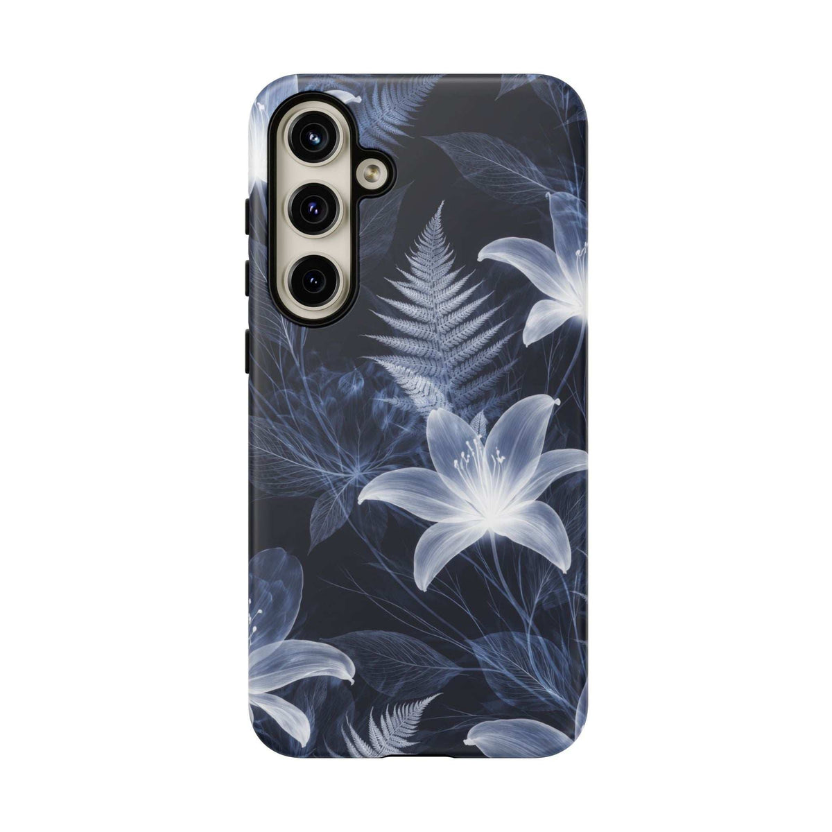 Botanical phone case in dark navy with white lilies and fern; rear camera openings