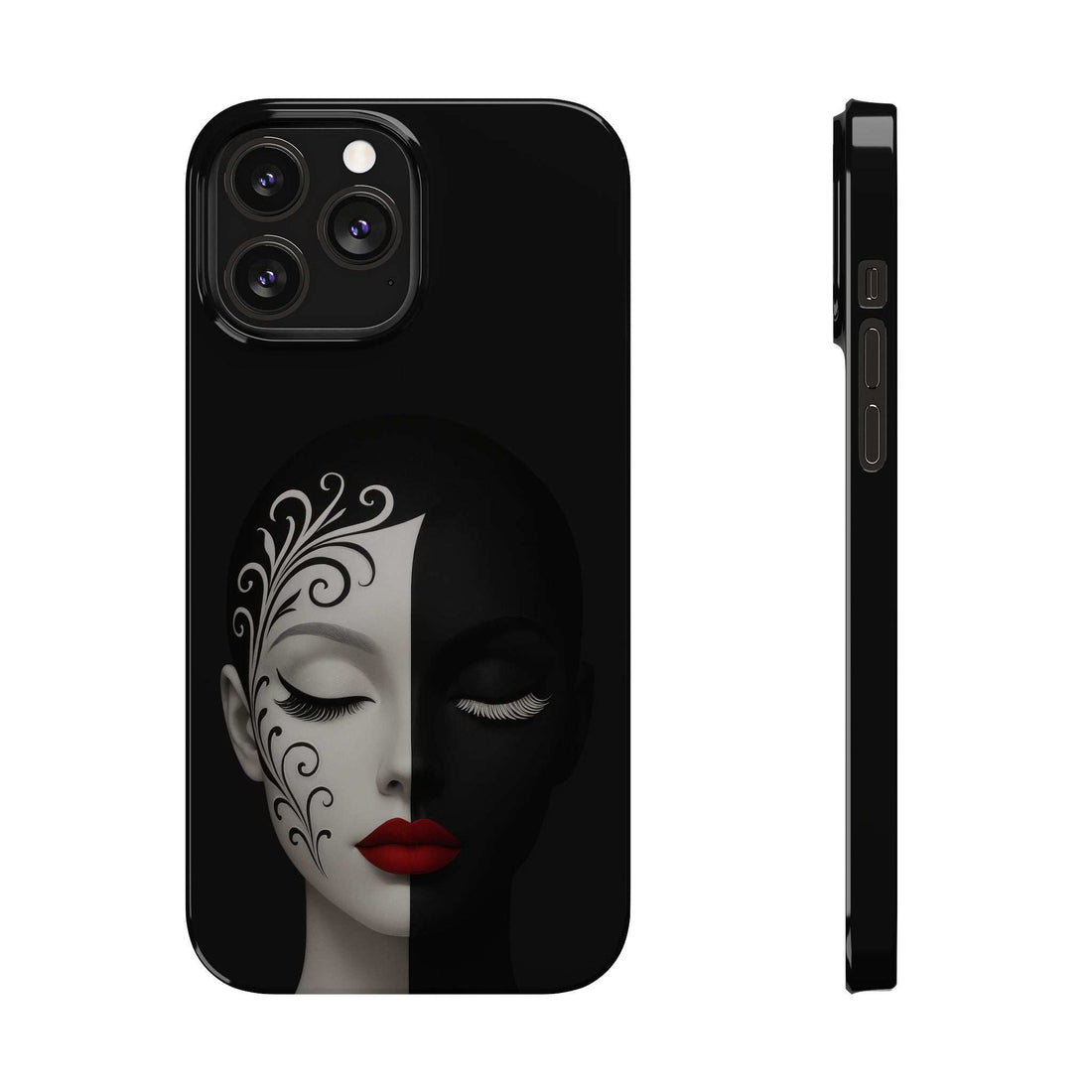Black phone case with white-and-black half-face artwork and red lips