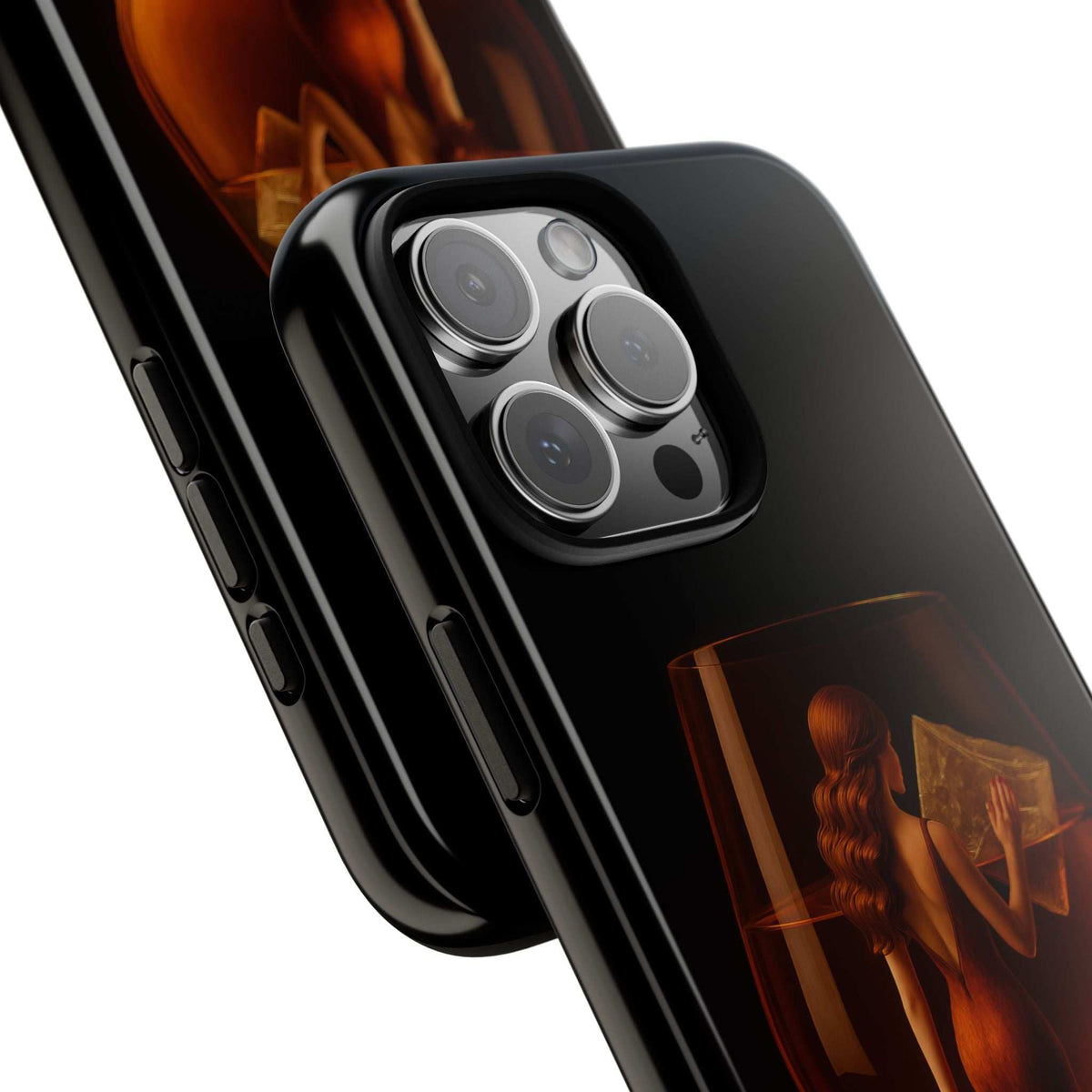 Black glossy phone case close-up, woman holding letter artwork, camera opening detail