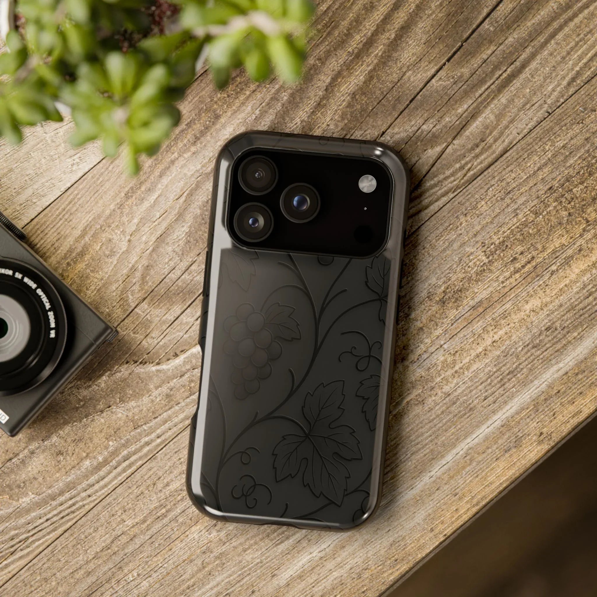 Elegant Embossed Grape Leaf Black Phone Case for iPhone and Galaxy - KARARMDESIGN