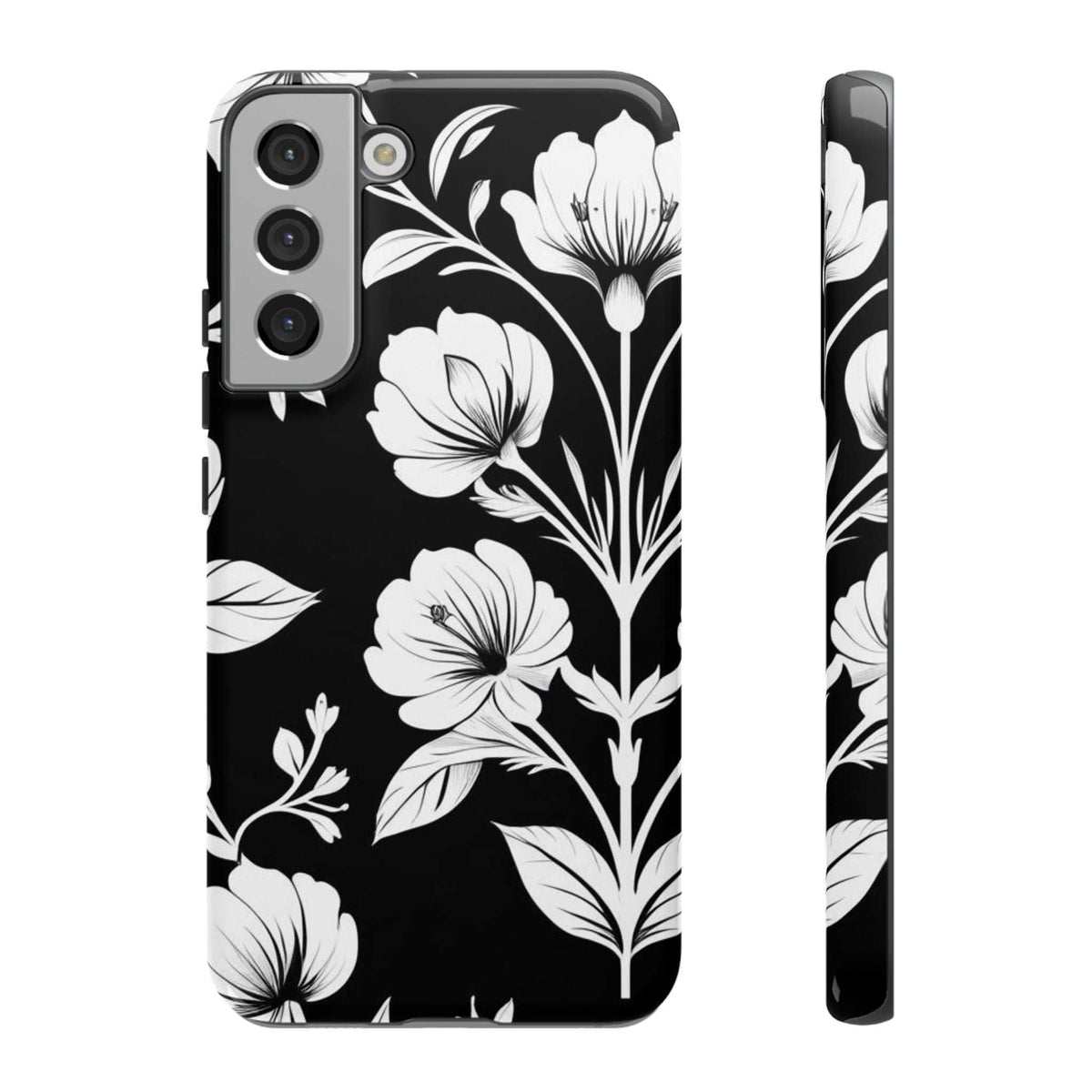 Black floral phone case with white blossoms; raised camera cutouts and side buttons.
