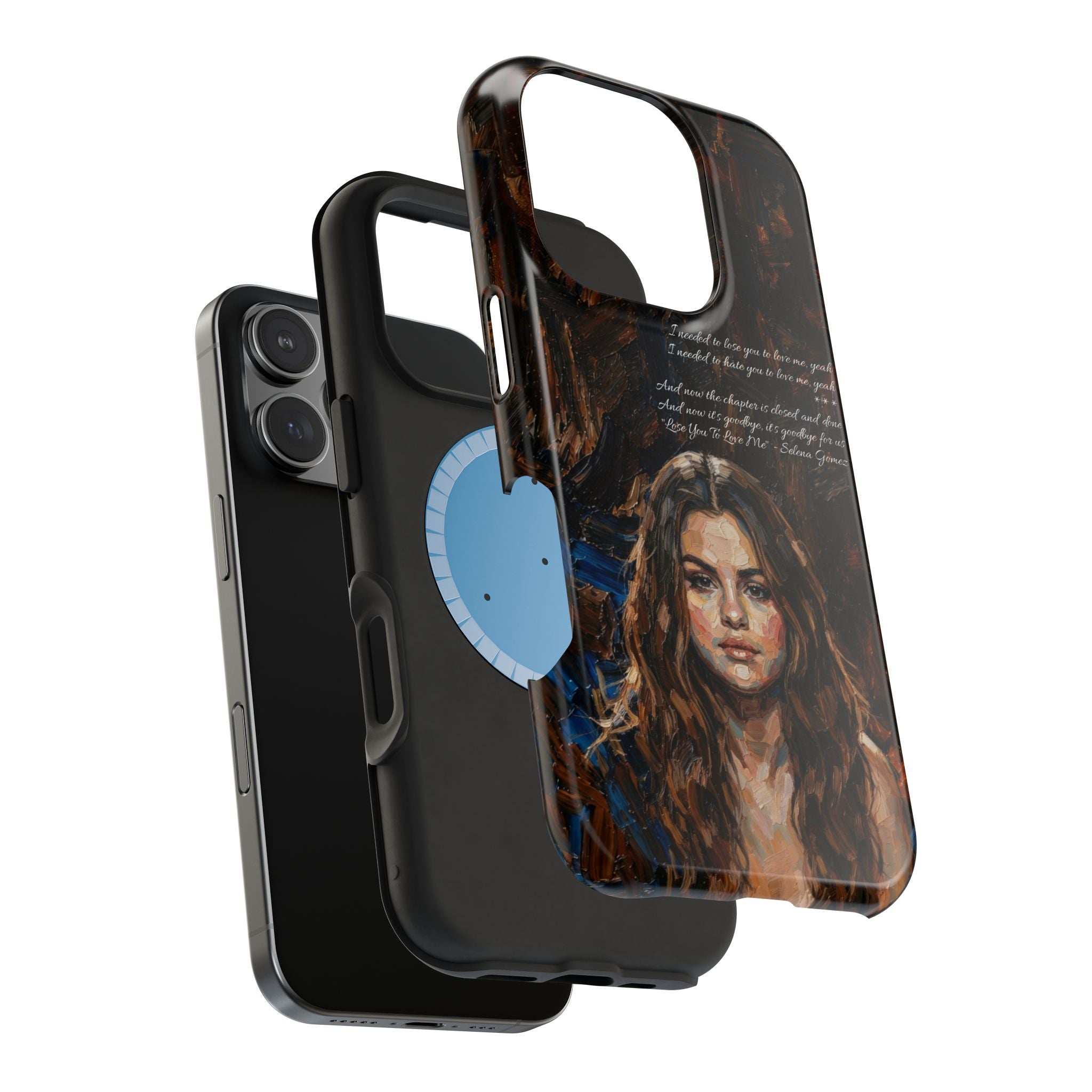 Tough phone case with portrait woman art, side buttons and ring cutout shown