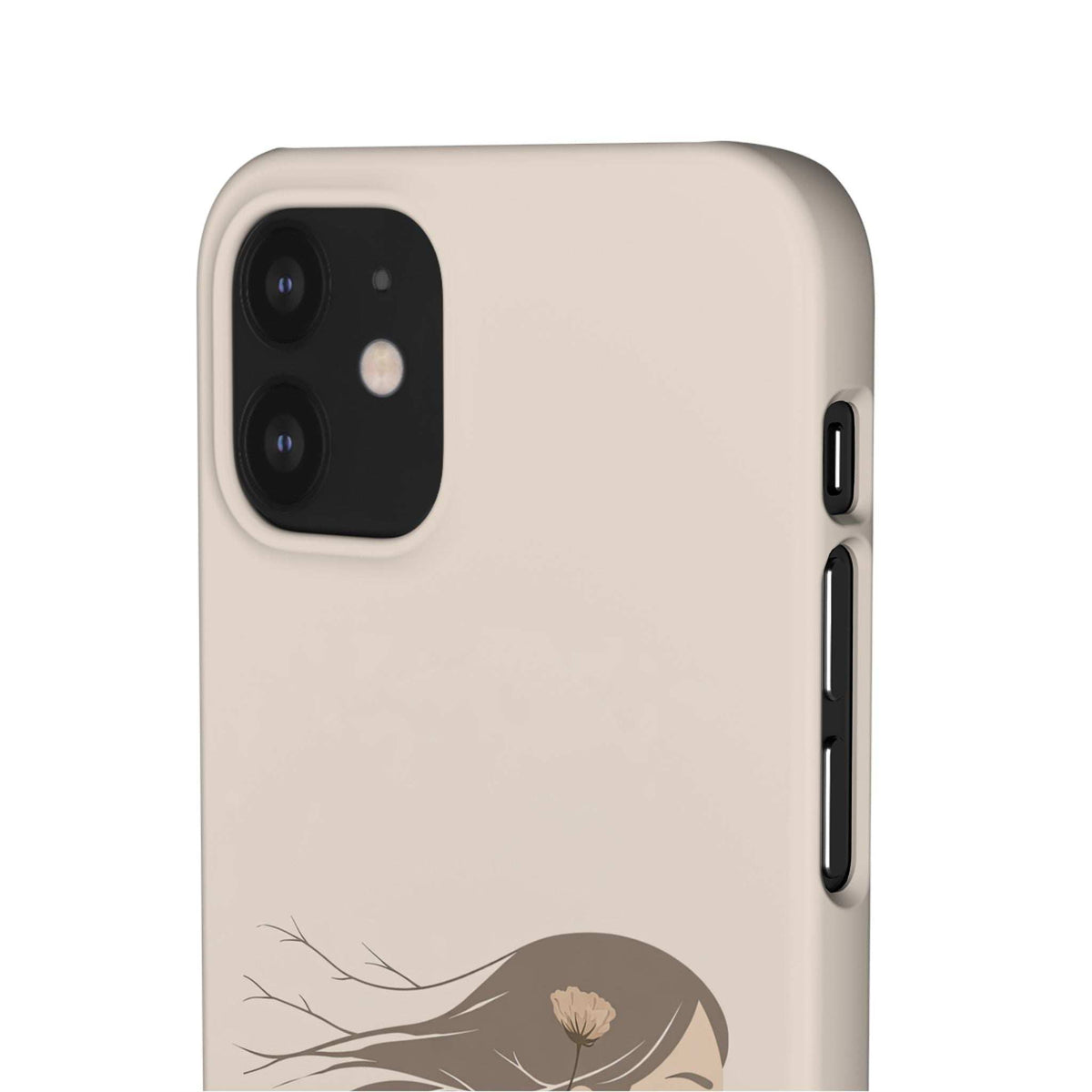 Beige phone case with dark camera cutout, side button cutouts, floral branch graphic