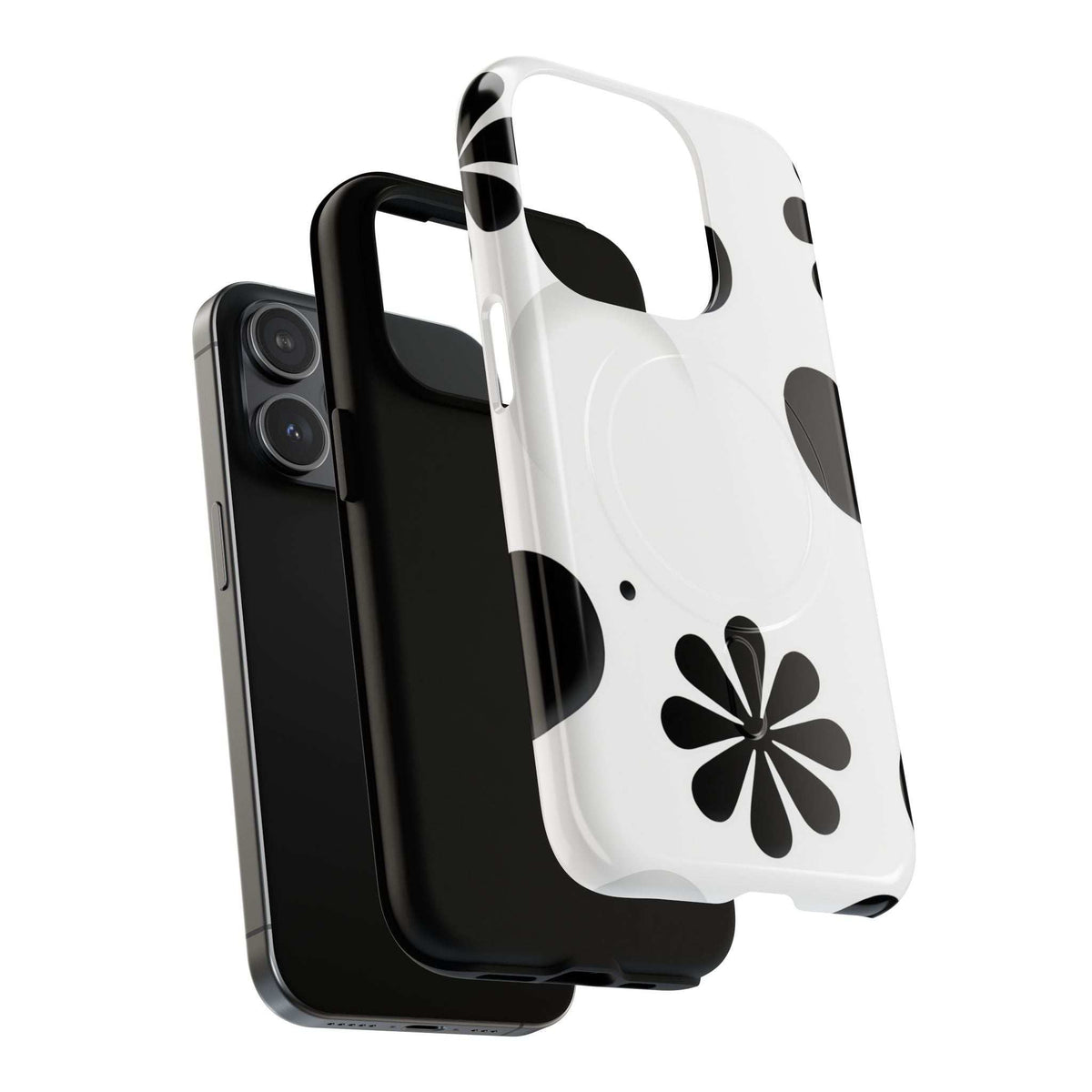 Protective phone case, white with black flower and dot pattern, raised camera cutouts