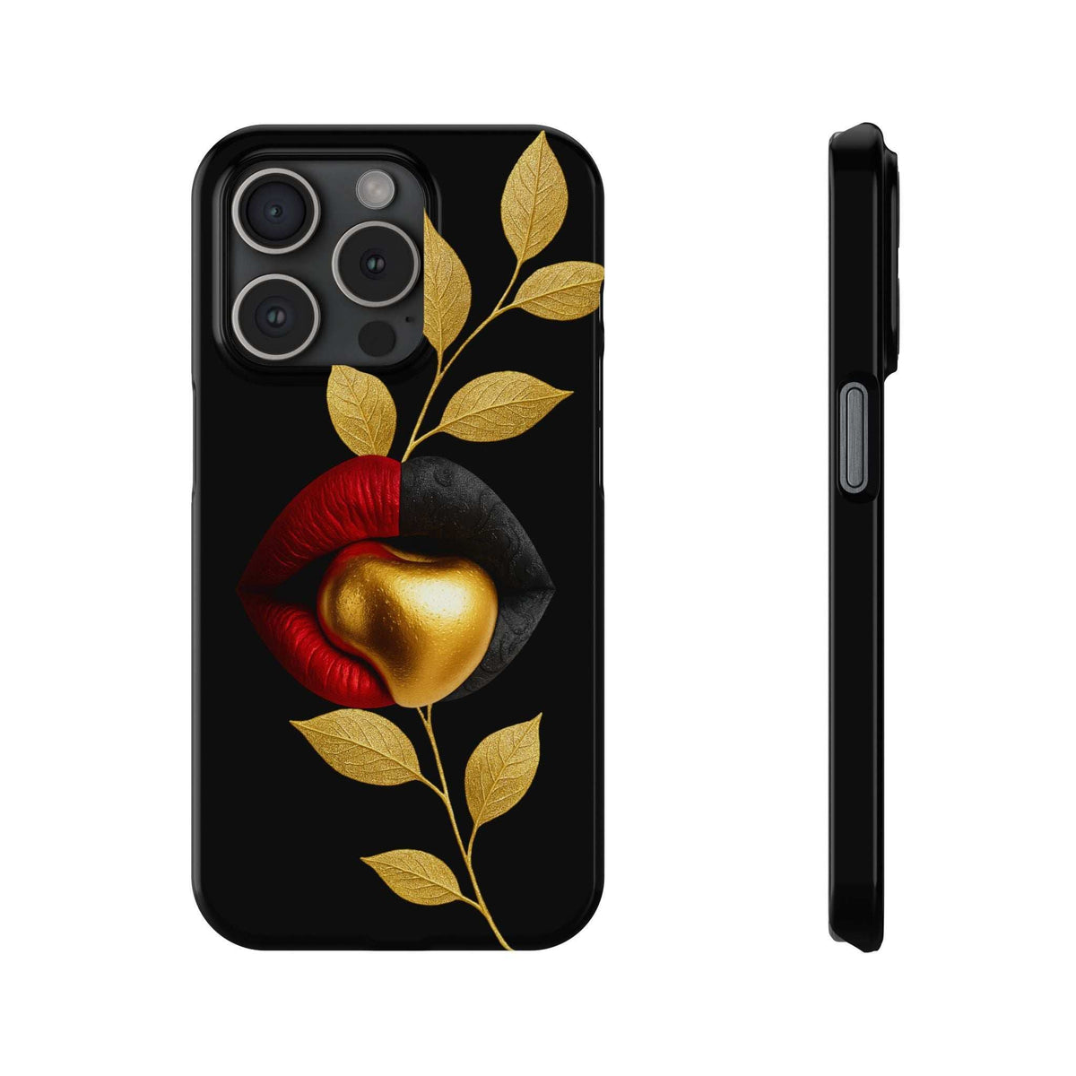 Black phone case with gold leaf design and red lip graphic