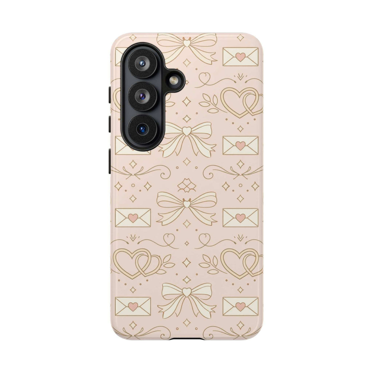 Light pink phone case with heart and bow pattern, side view showing camera module