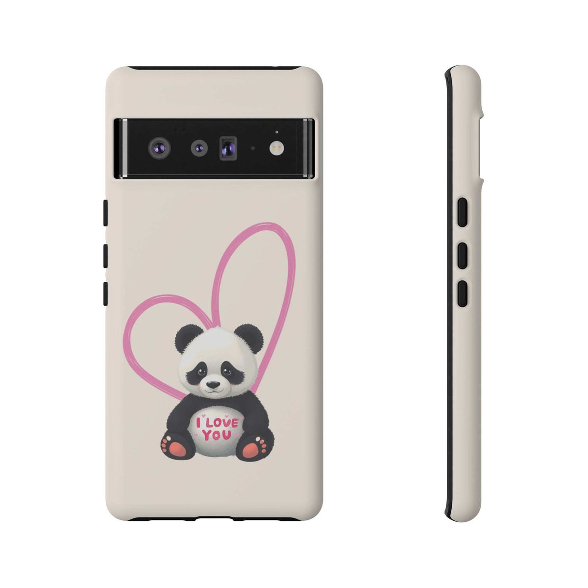 Cream phone case back featuring panda in pink hearts with side buttons