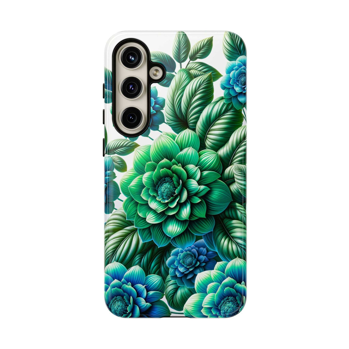 Green and blue floral phone case with bold leaf design, visible side opening and camera cutouts