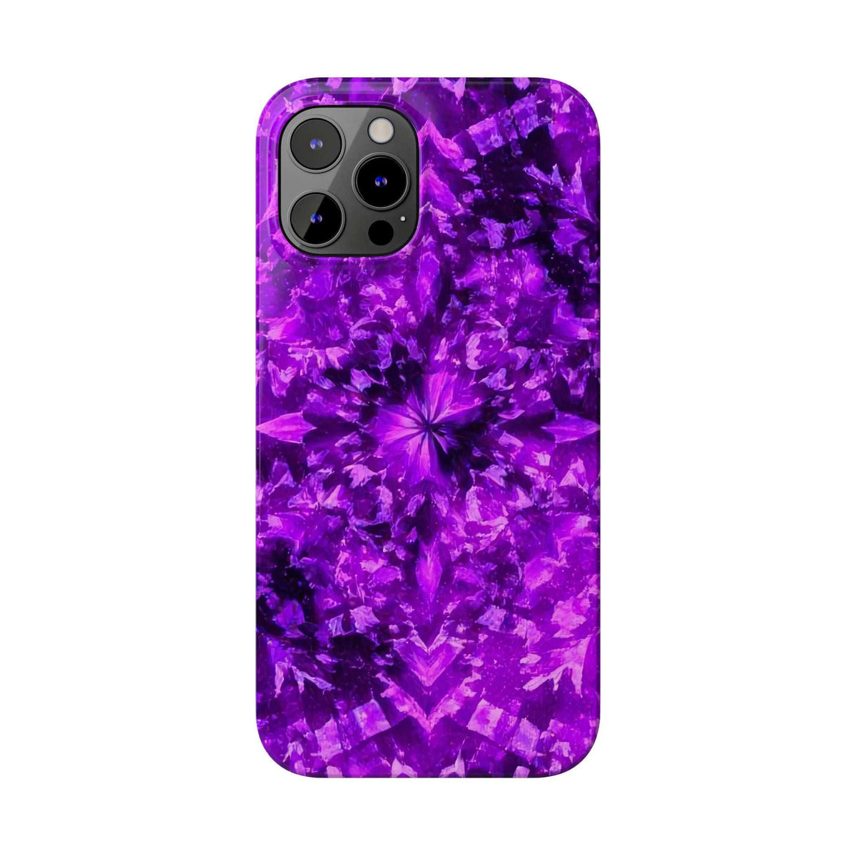 Purple kaleidoscope phone case, close front view with camera openings