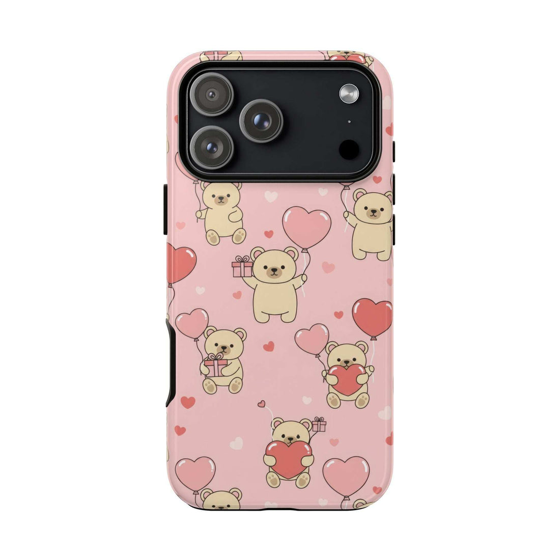 Pink phone case with teddy bear and heart design, front view with camera openings