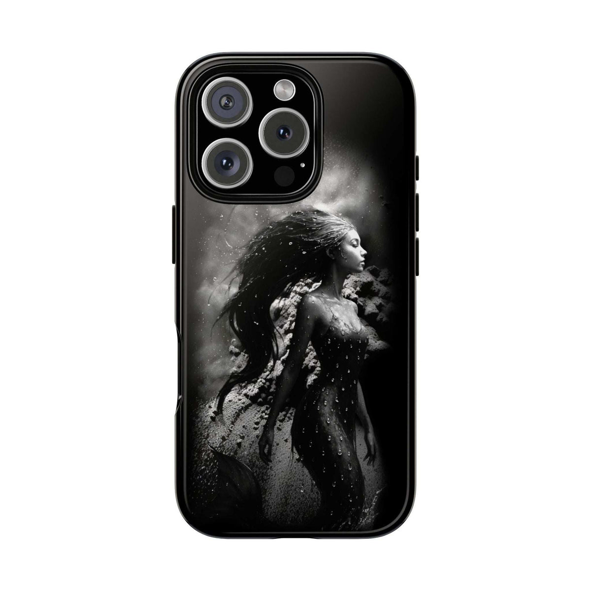 Monochrome mermaid phone case, black, close-up of triple camera cutouts and side buttons