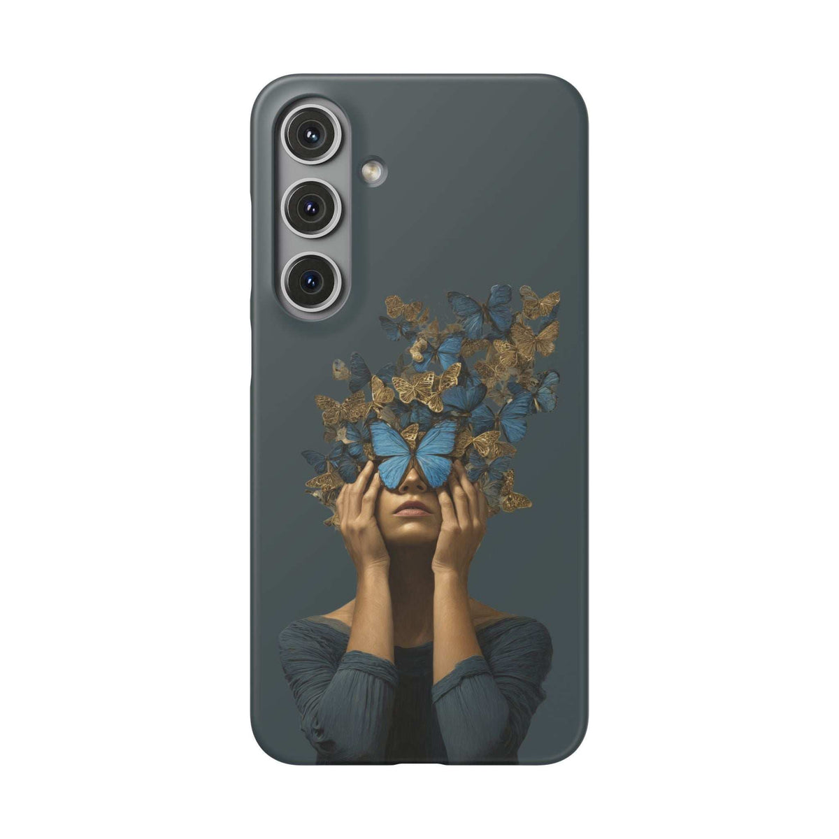 Dark gray phone case with blue-and-gold butterfly face art, camera cutout cluster