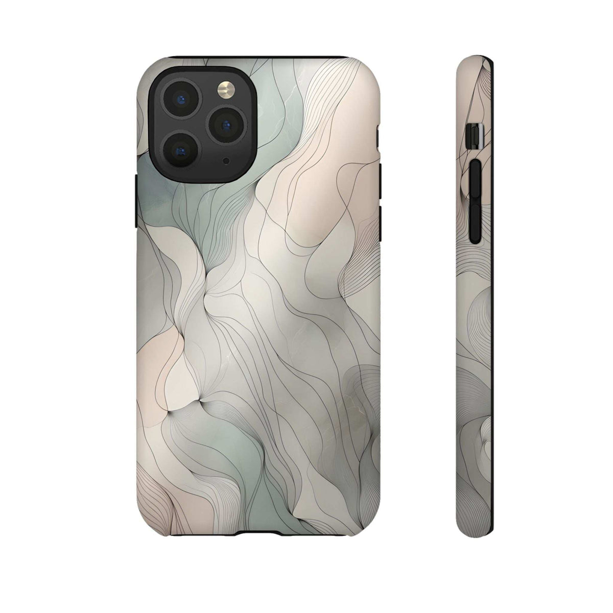 Pastel wave phone case with blue and cream wavy streaks; side profile shows thin protective rim
