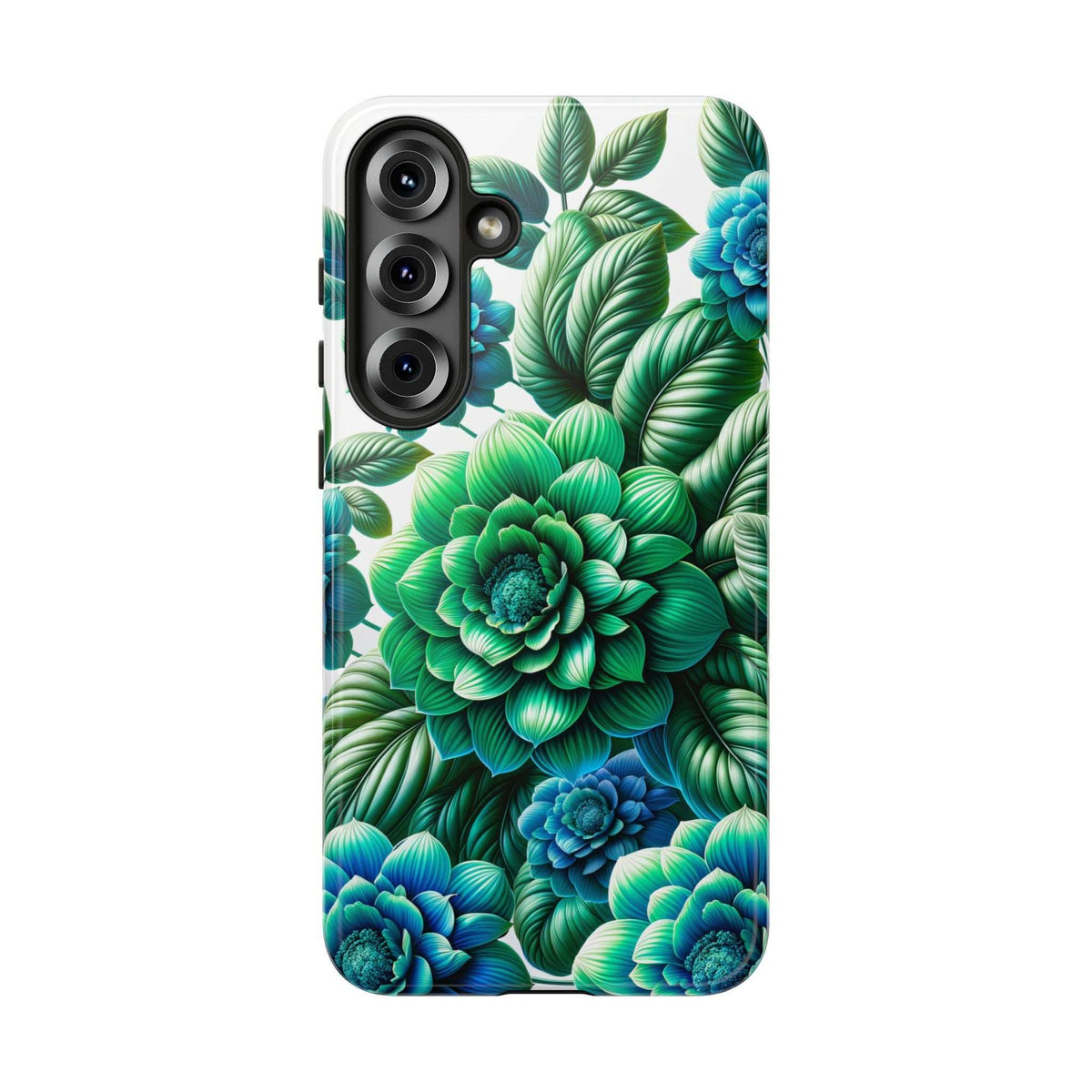 Green and blue botanical phone case with peony cluster, raised camera cutouts on back