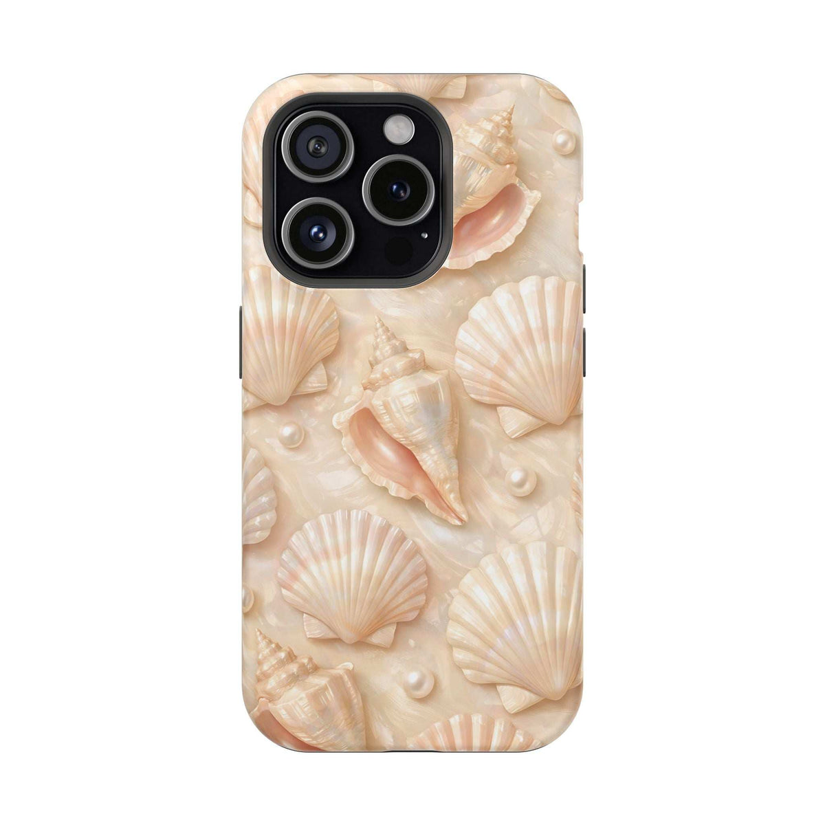 Seashell phone case in cream with embossed conch pattern and camera cutouts