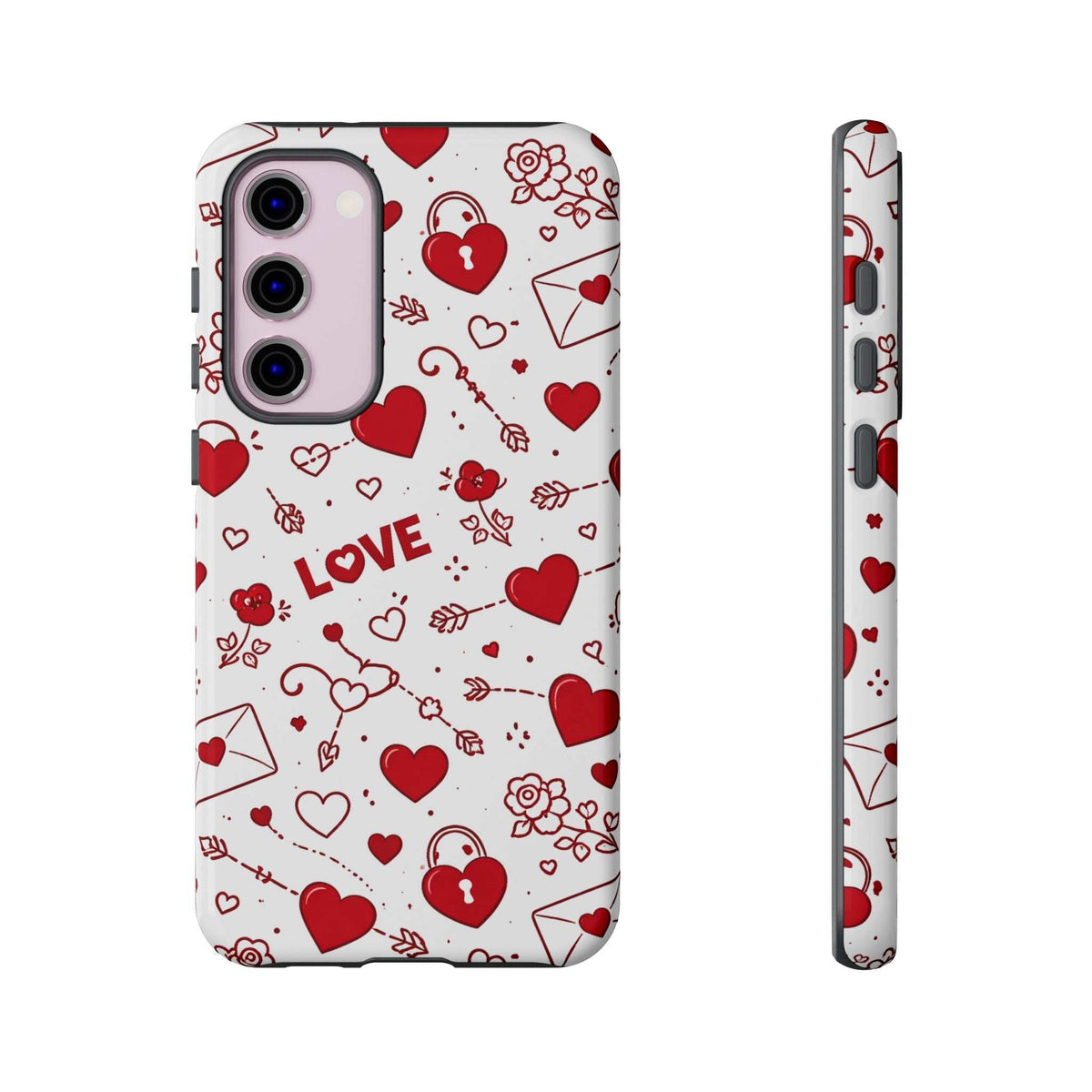 Glossy white phone case with red hearts and love doodles; includes side profile view