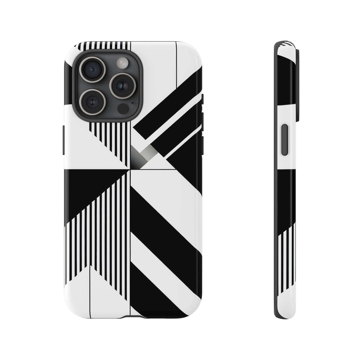 Tough phone case with black-and-white geometric stripes, side edge shown