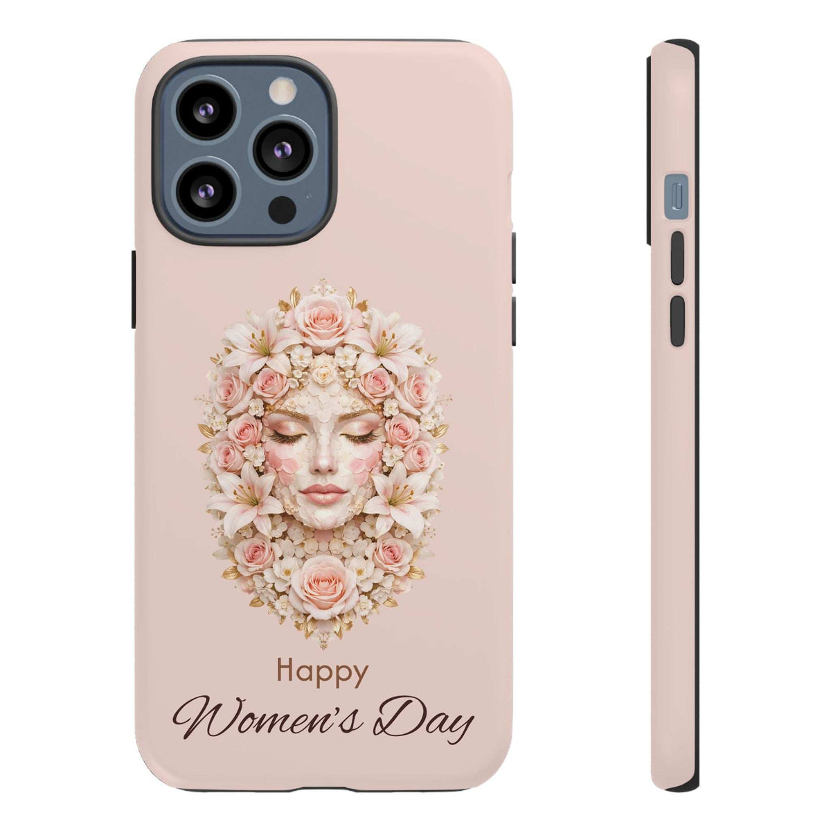 Pink phone case with floral wreath portrait and “Happy Women’s Day” lettering; side edge shown.