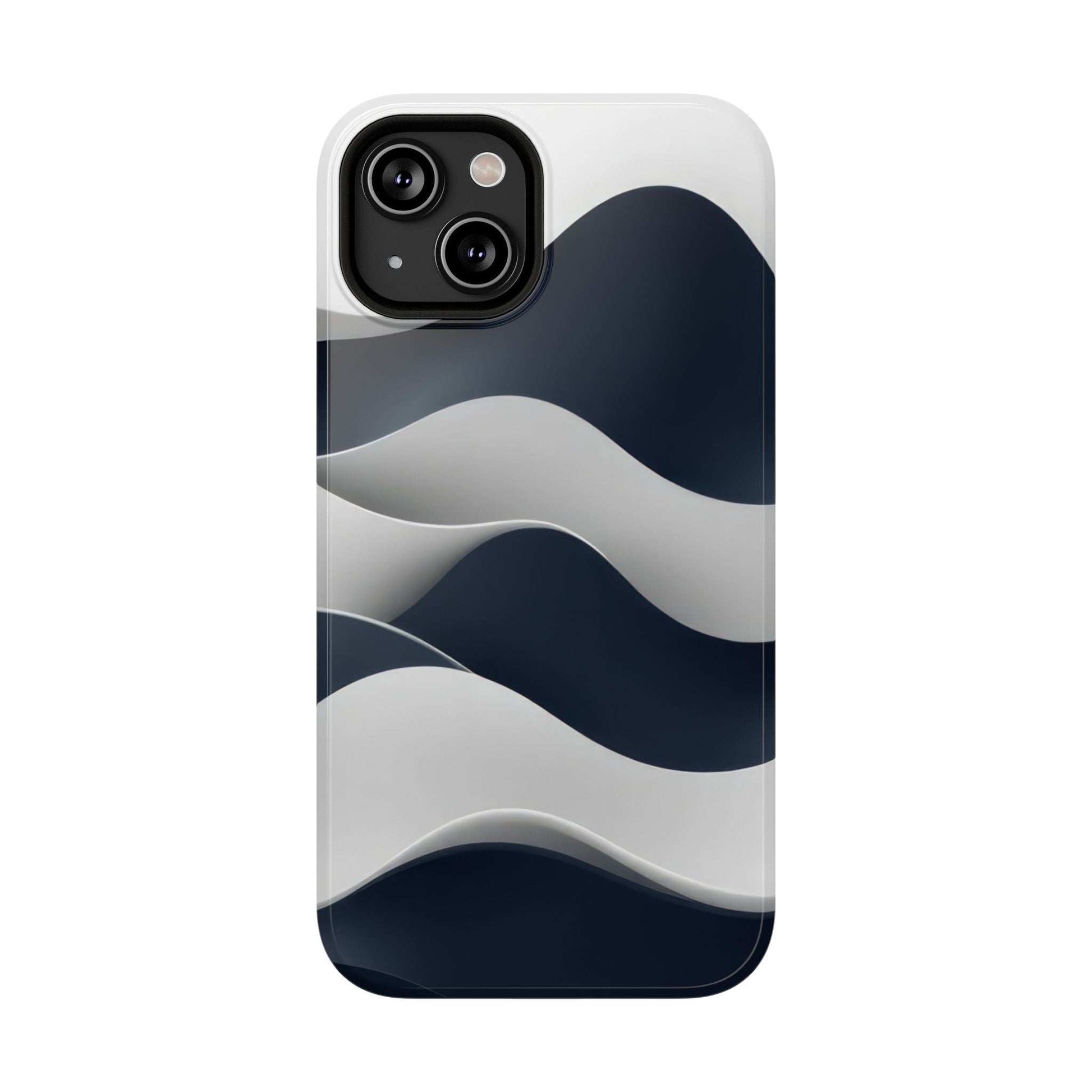Glossy phone case with navy and white wave pattern; multi-camera cutouts on back