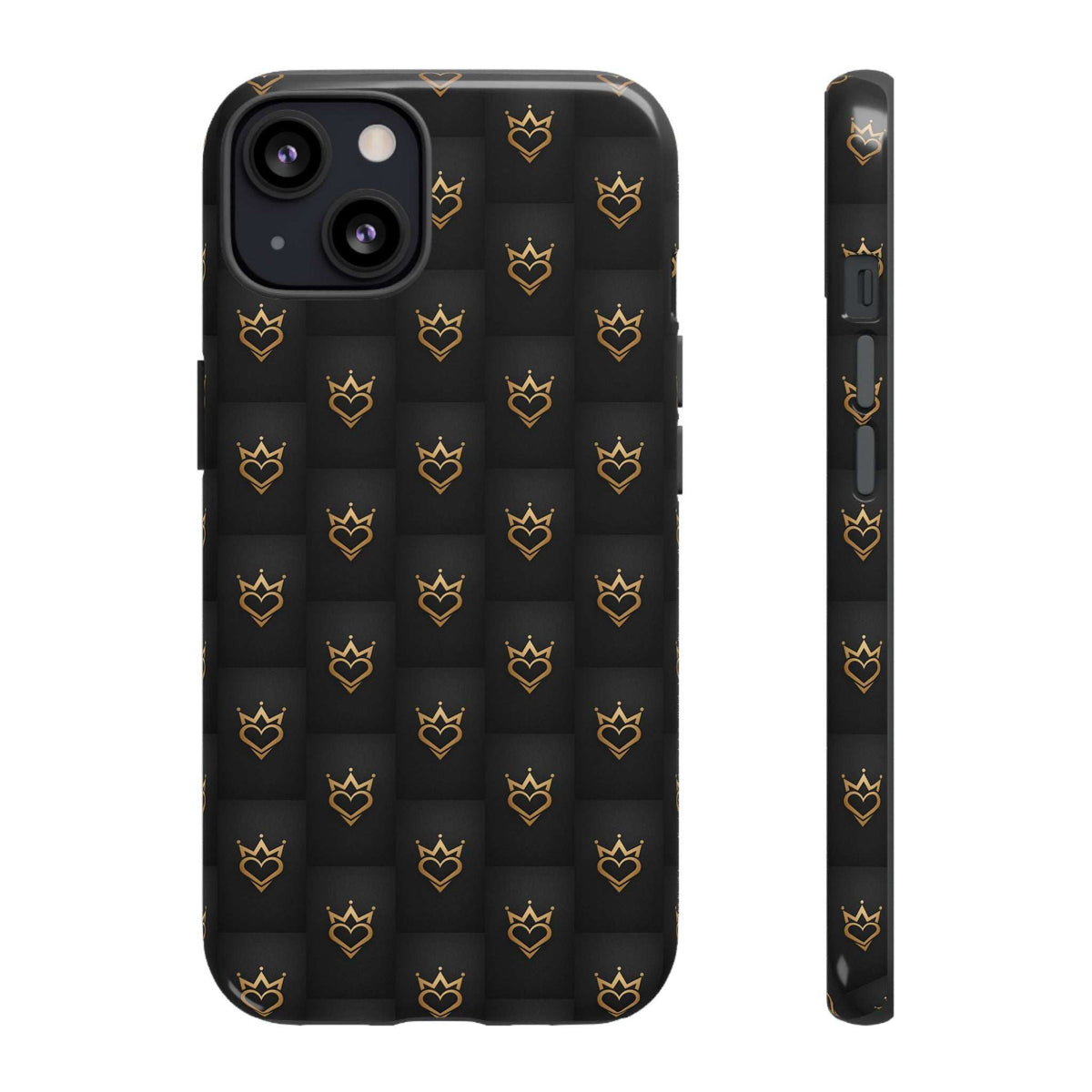 Glossy black phone case with gold crown and heart doodle pattern, raised camera openings