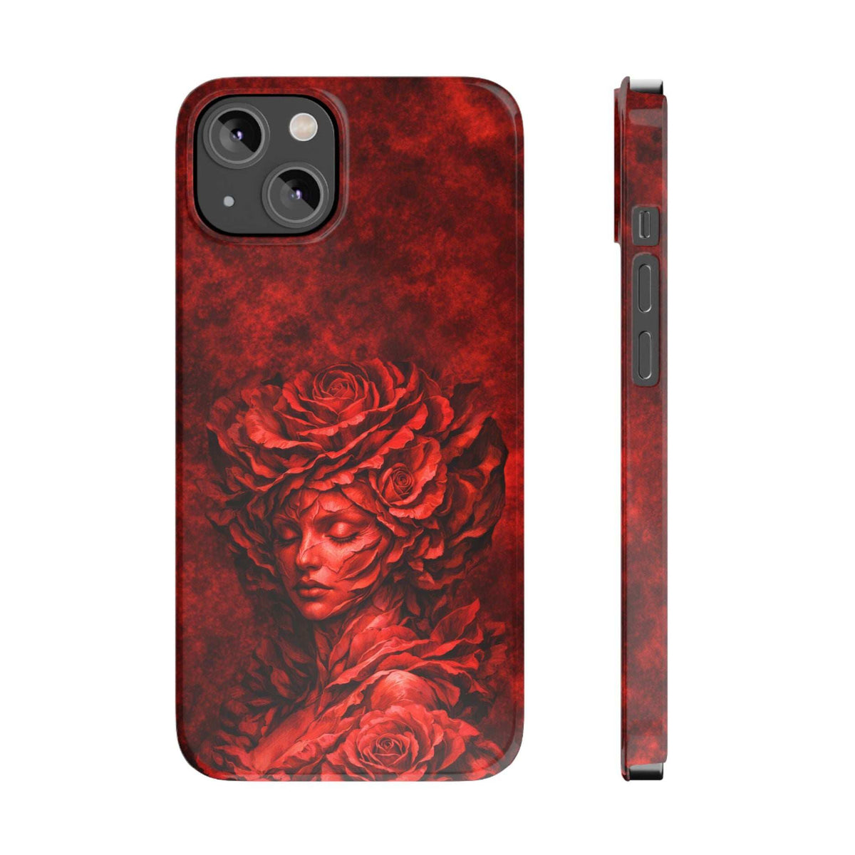 Red slim phone case with rose-and-woman face design; side profile shows button openings.