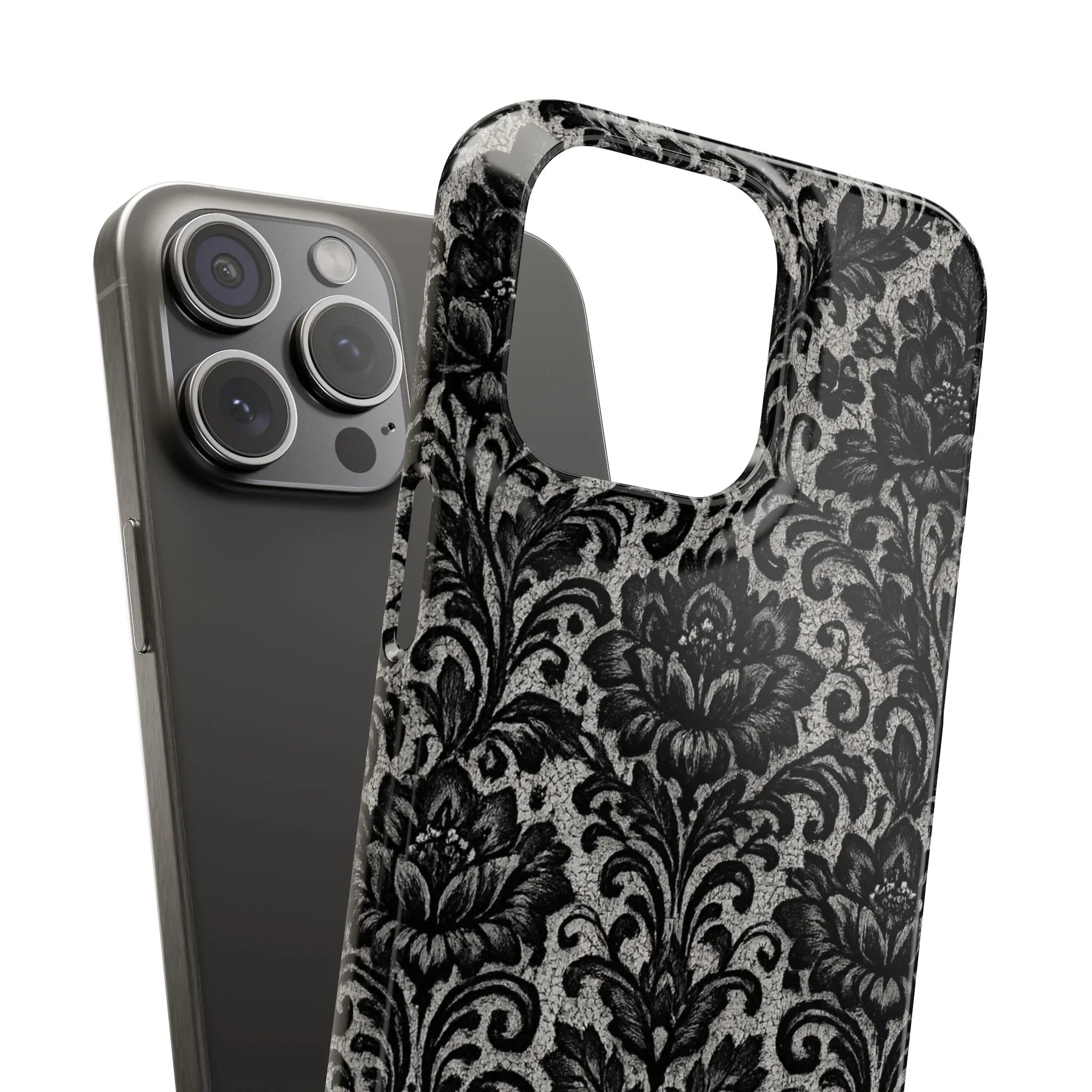 Black Damask Floral Phone Case for iPhone 11-17 and Galaxy S20-S25 - KARARMDESIGN