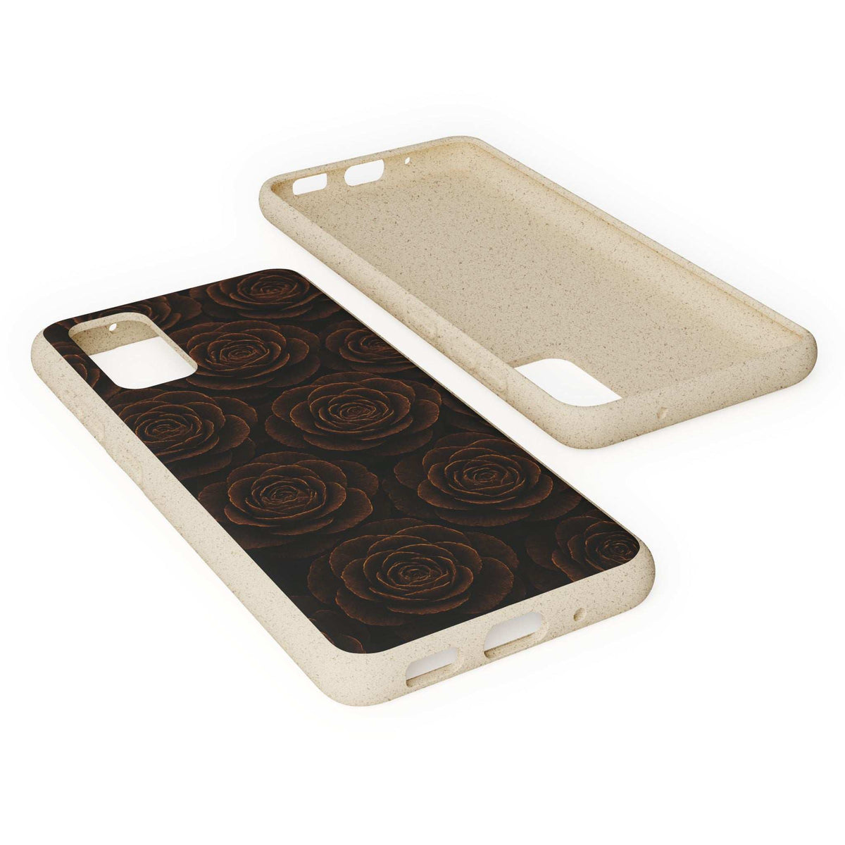 Wood trim rose patterned phone case with camera window and slim side cutouts