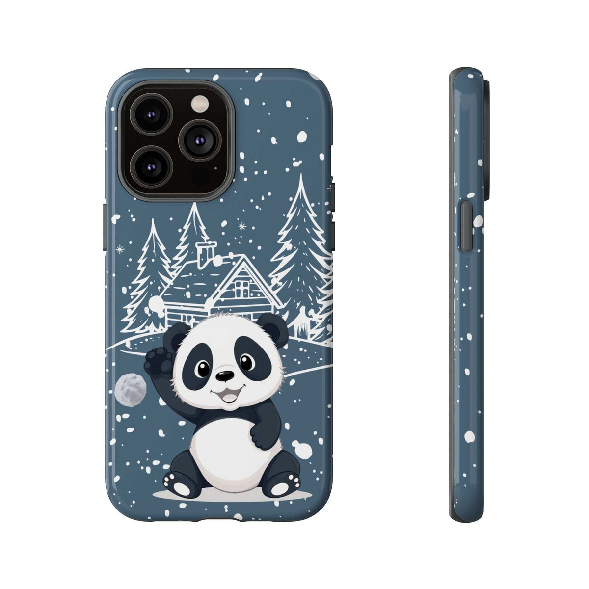 Dark blue panda winter phone case with snowy forest trees and farmhouse illustration