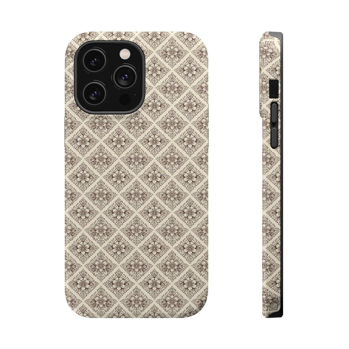 Beige ornate patterned phone case front view with camera cutout and side button cutouts