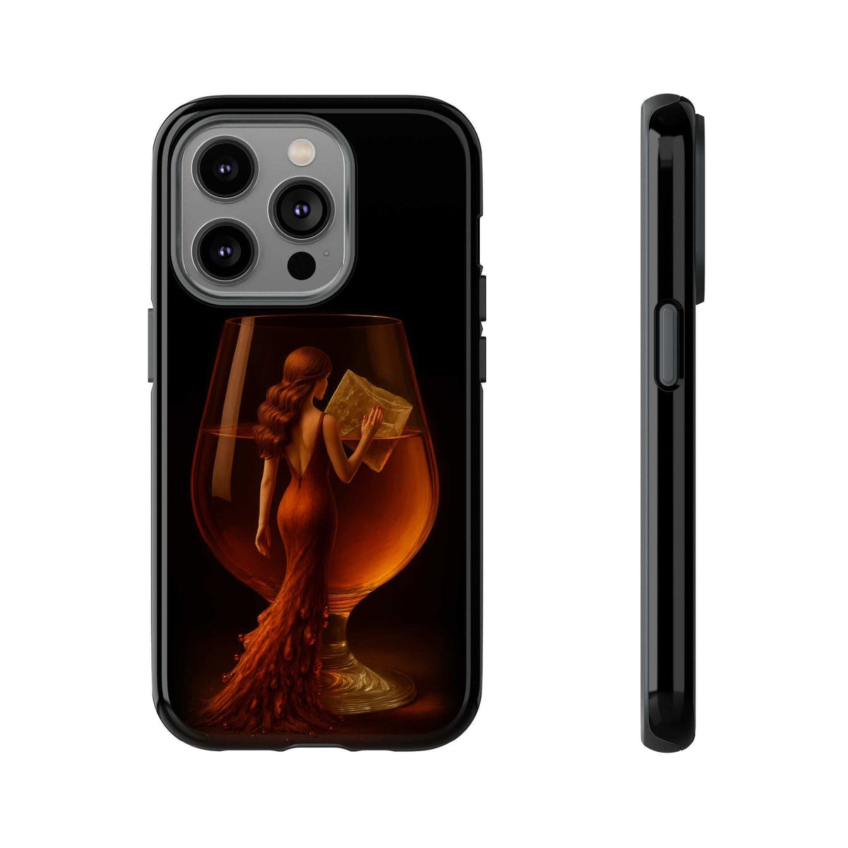 Glossy black phone case with lady holding book graphic; triple camera cutouts visible.