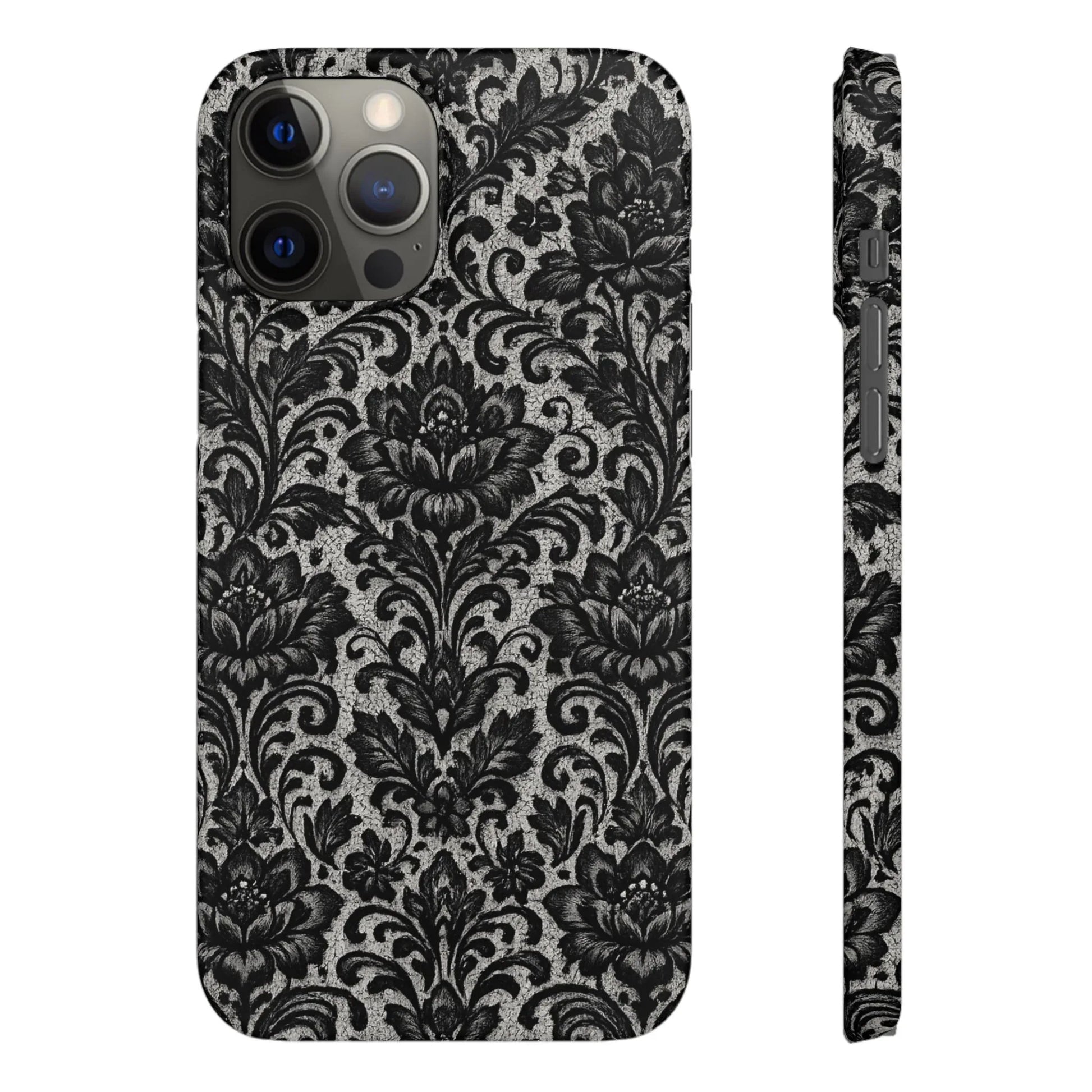 Black Damask Floral Phone Case for iPhone 11-17 and Galaxy S20-S25 - KARARMDESIGN