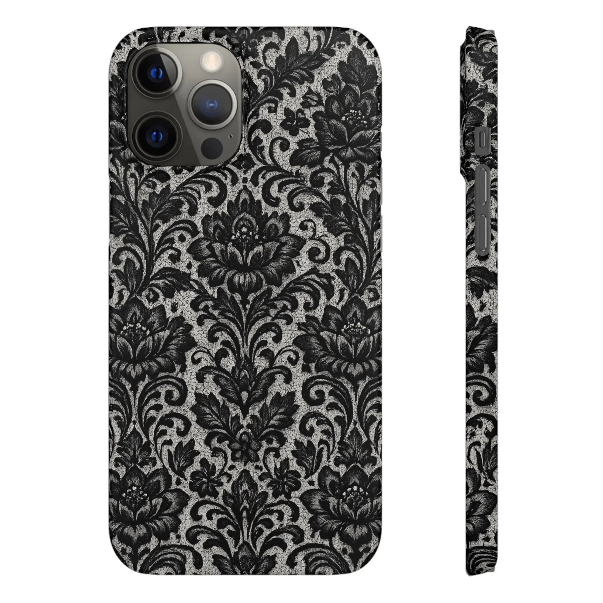 Black Damask Floral Phone Case for iPhone 11-17 and Galaxy S20-S25 - KARARMDESIGN