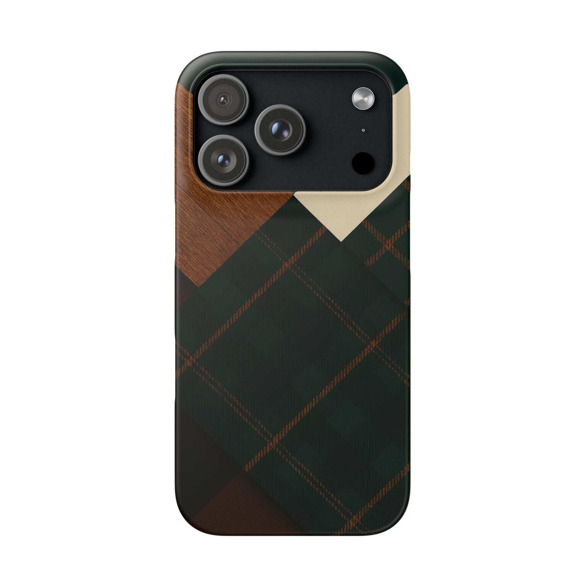 Rustic green plaid phone case with brown wood diagonal and triple camera cutouts