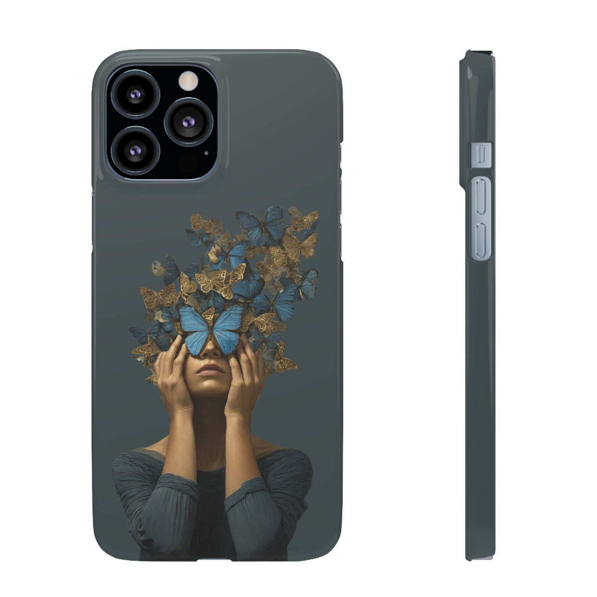 Dark gray phone case back and side; butterfly woman artwork with camera openings.