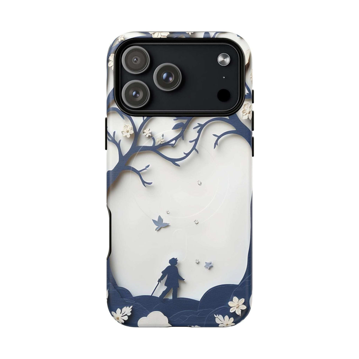 Phone case with blue nature silhouette print, tree branches and landscape figure, camera cutouts
