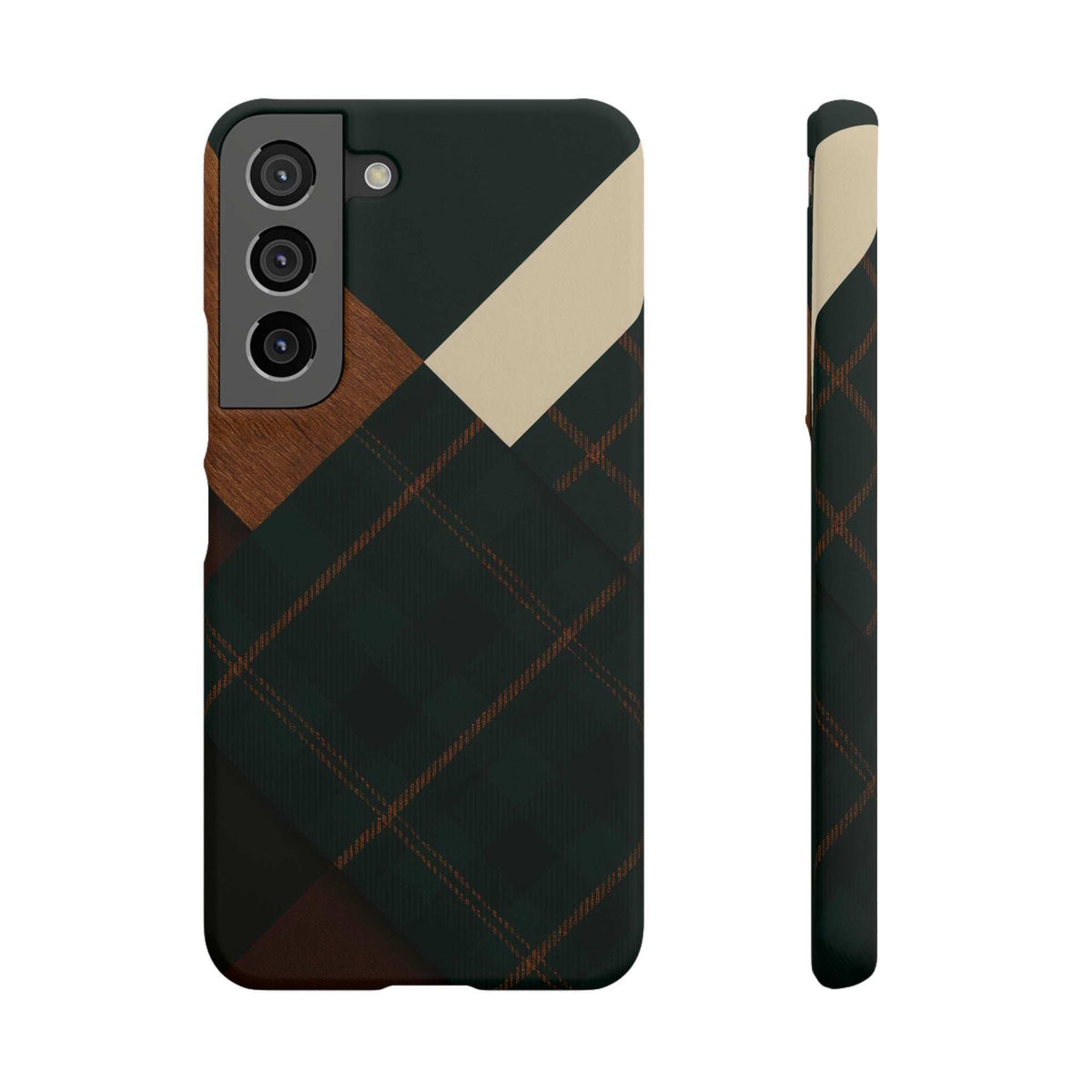 Rustic green phone case with multi-camera cutouts and tartan plaid with orange lines