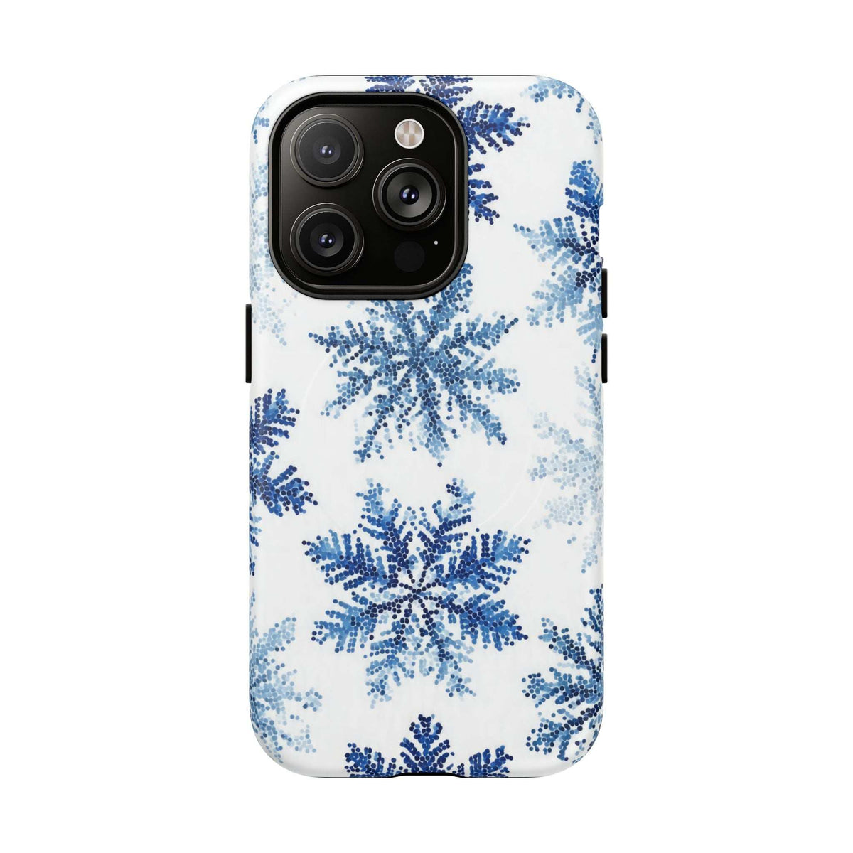 Snowflake phone case for iPhone 13-17, white with blue snowflake pattern, triple camera cutout