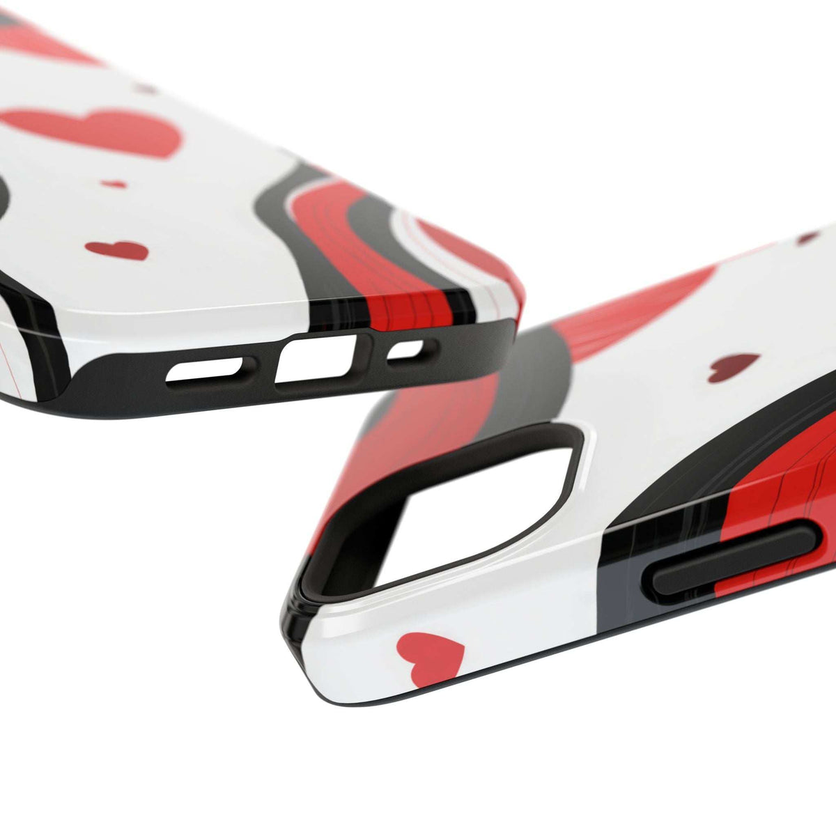 Glossy phone case close-up of side and bottom cutouts; red hearts on wave pattern