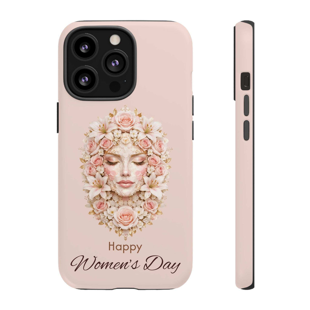 Pink phone case featuring a floral woman face illustration and “Happy Women’s Day” text.