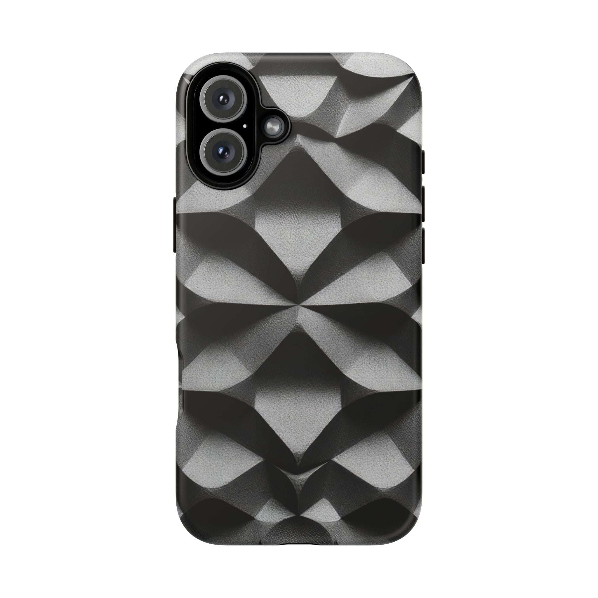 Rugged phone case with black-and-gray geometric pattern; protective edges around camera