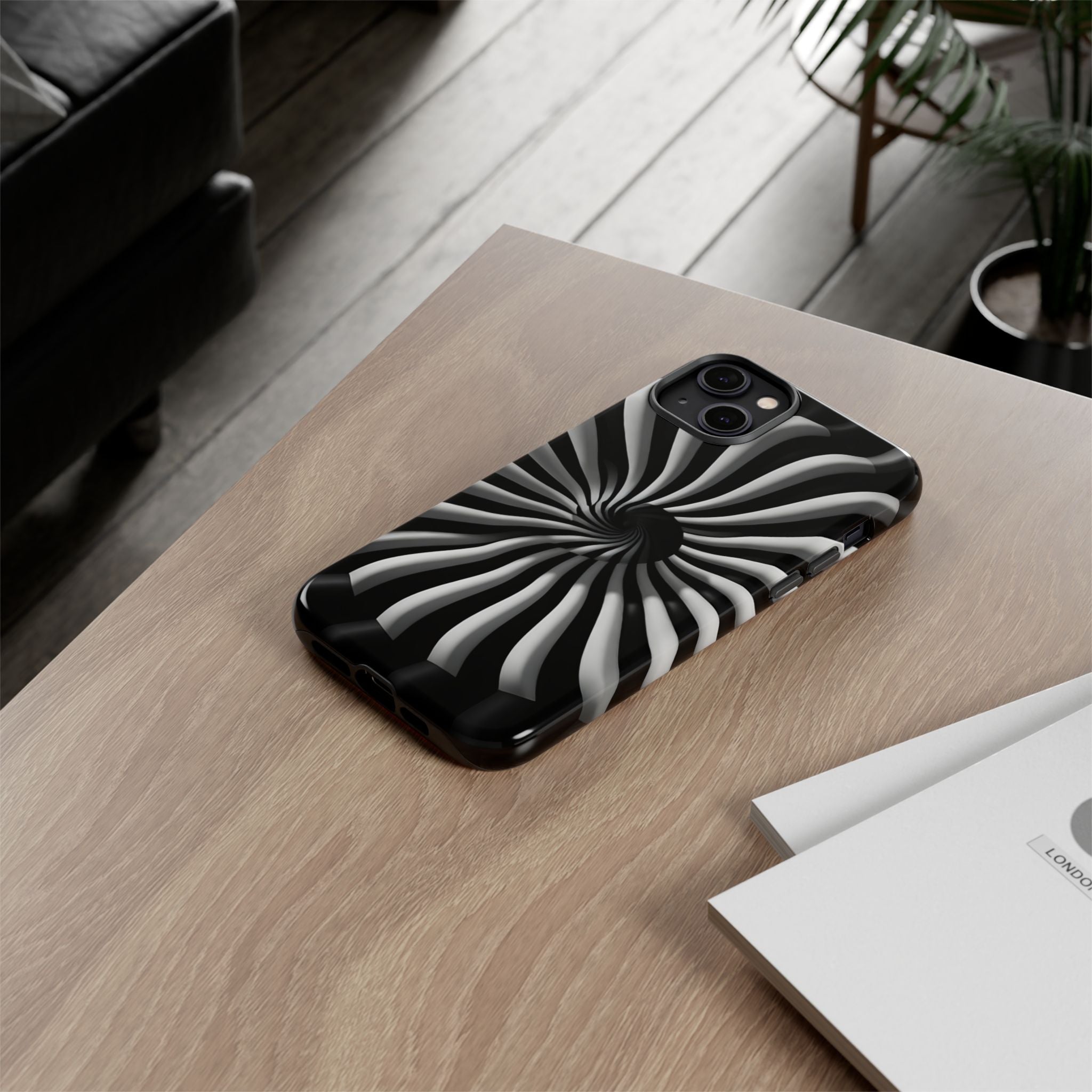 Hypnotic Black and White Spiral Phone Case – Optical Illusion Design for iPhone & Galaxy