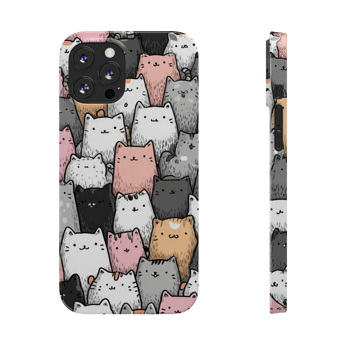 Cat pattern iPhone phone case with raised edges and camera cutout; gray and pink cats.