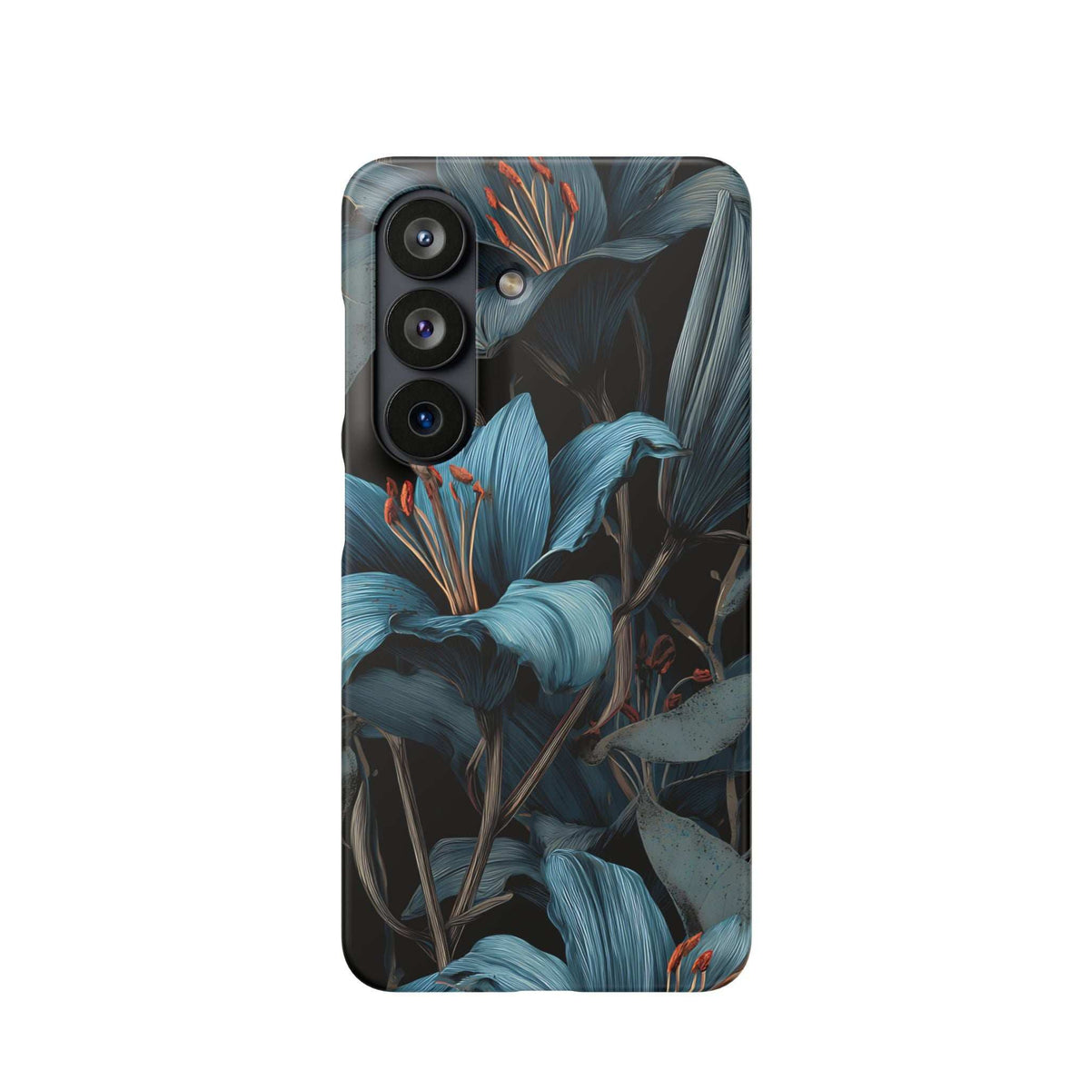 Phone case with blue floral pattern and protective camera and flash holes