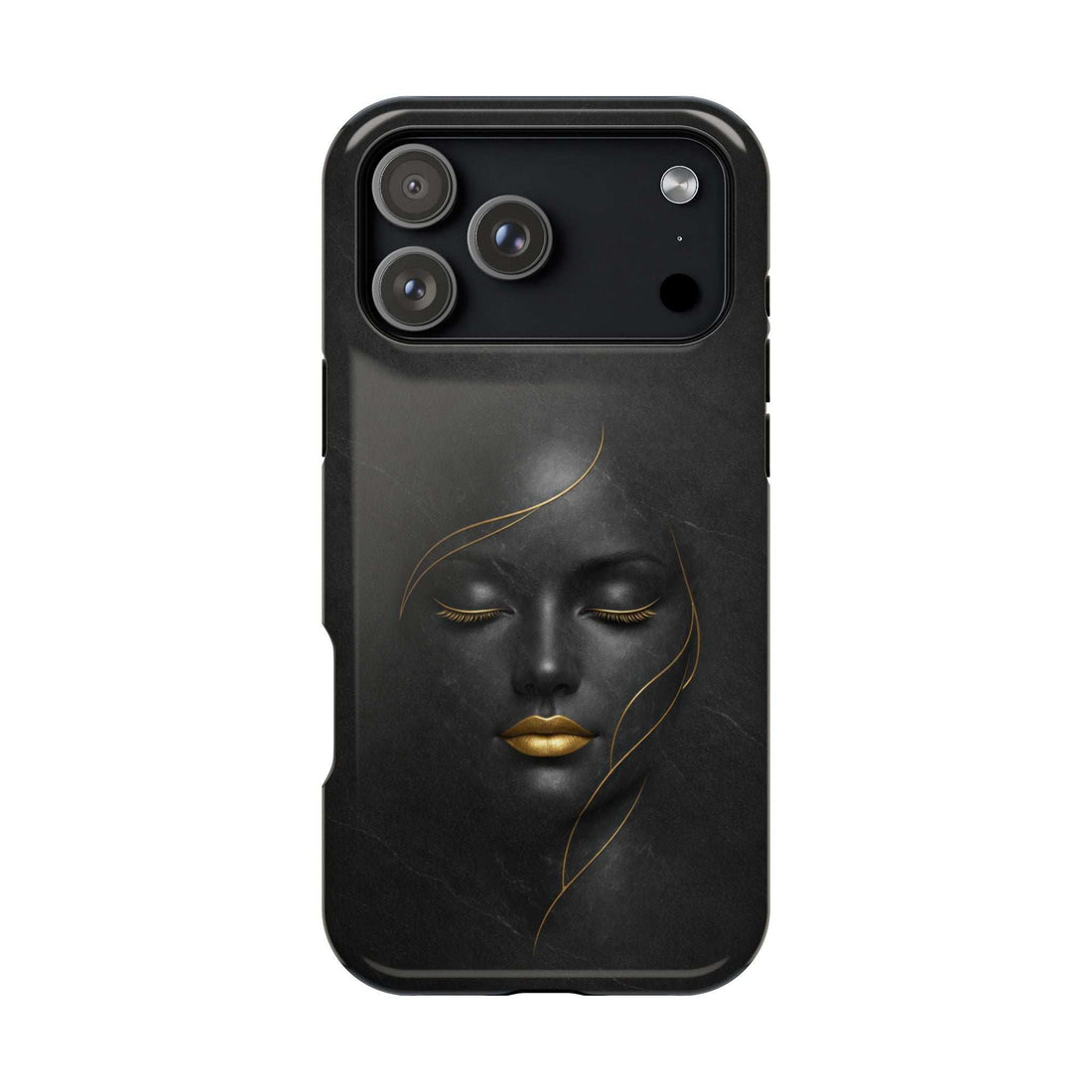 Black phone case with gold face artwork and front camera cutouts in a dark frame.