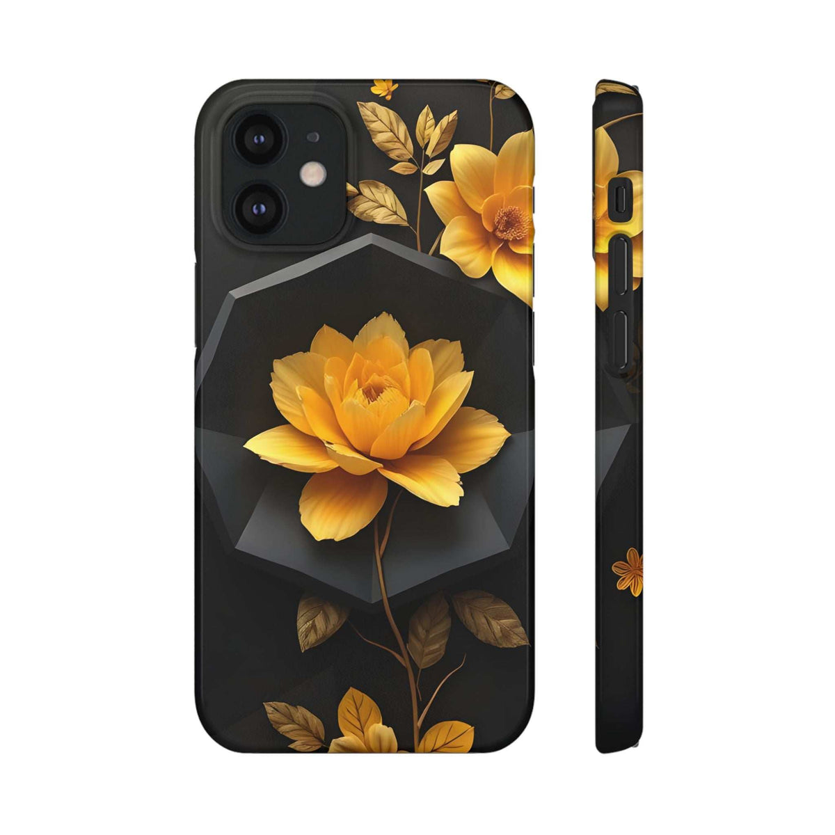 Black floral phone case with yellow rose centerpiece and leaf accents, camera cutouts